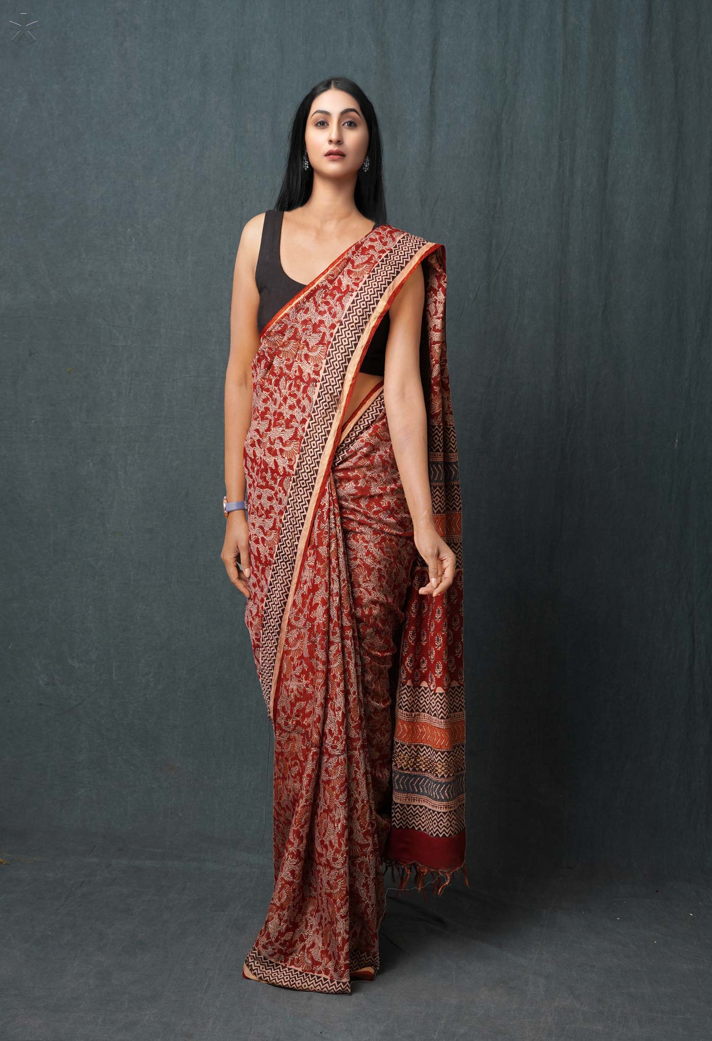 Red Pure Bagru Printed Pashmina Chanderi Sico Saree