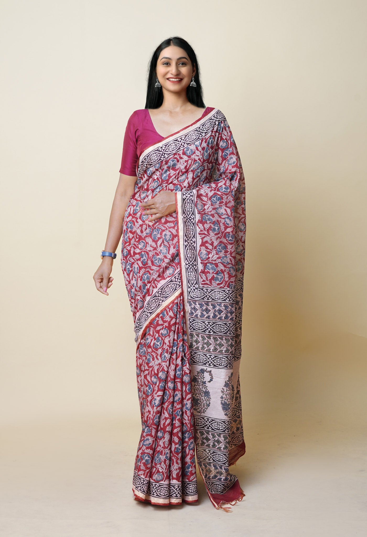 Red Pure Bagru Printed Pashmina Chanderi Sico Saree