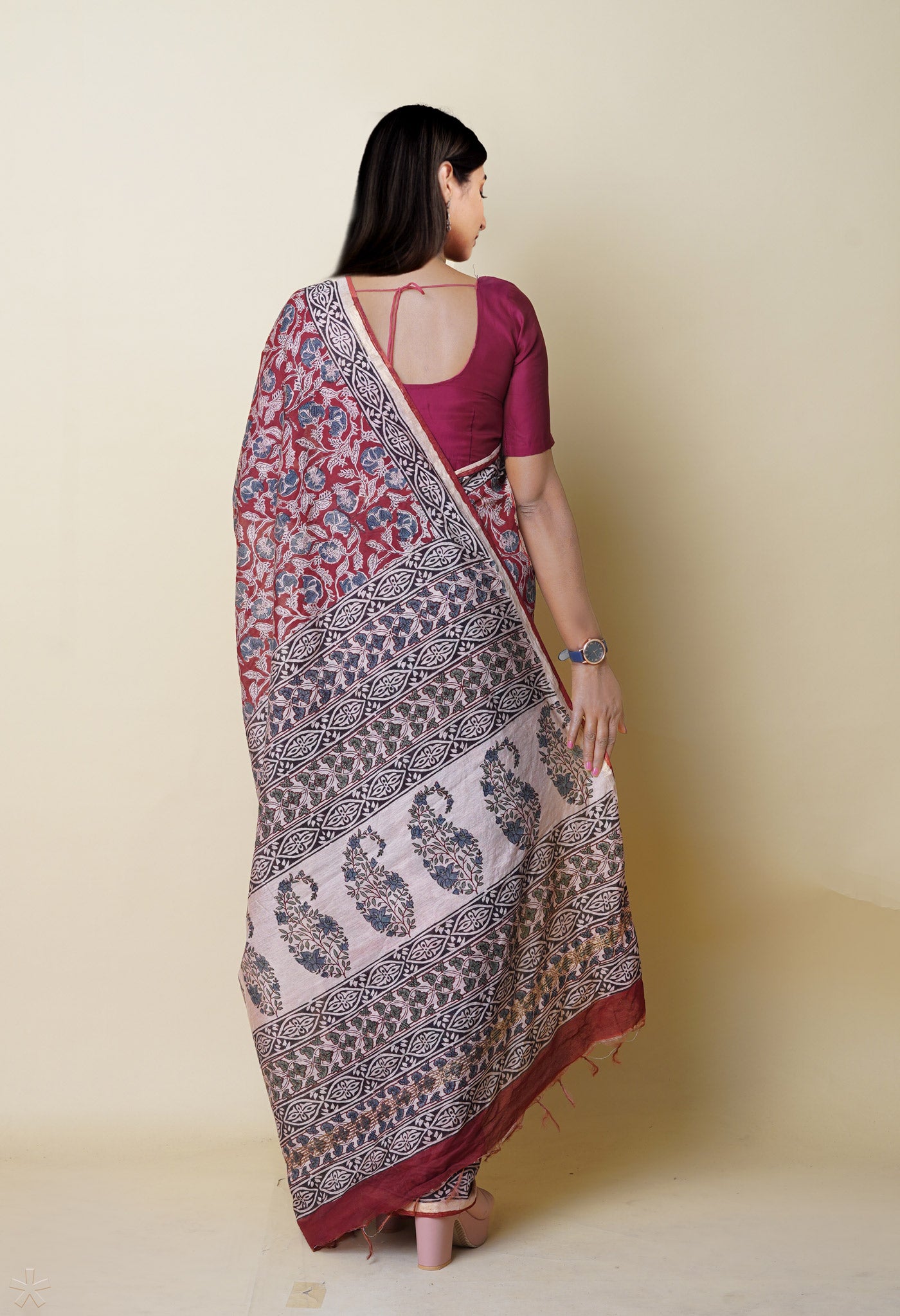 Red Pure Bagru Printed Pashmina Chanderi Sico Saree