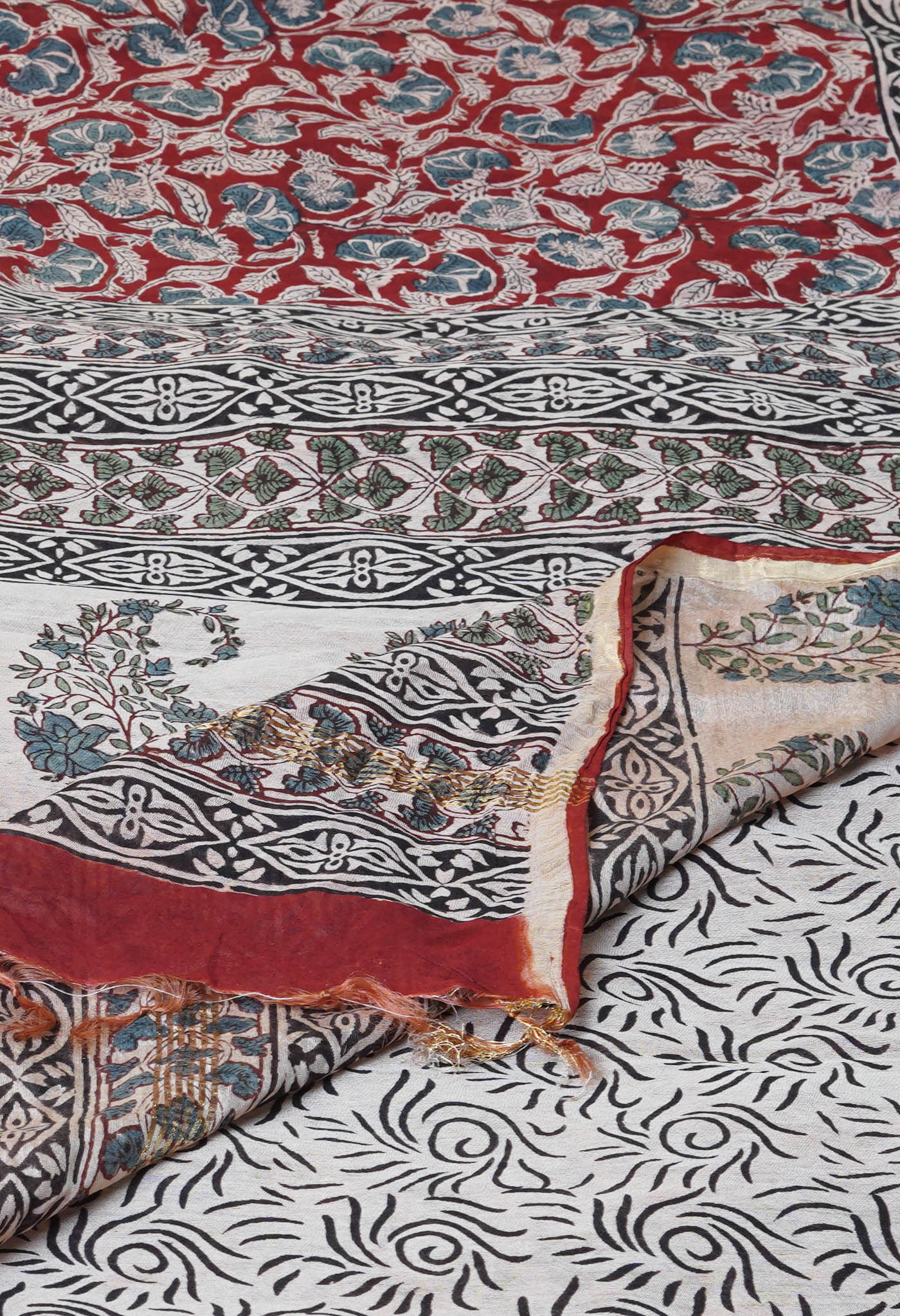 Red Pure Bagru Printed Pashmina Chanderi Sico Saree