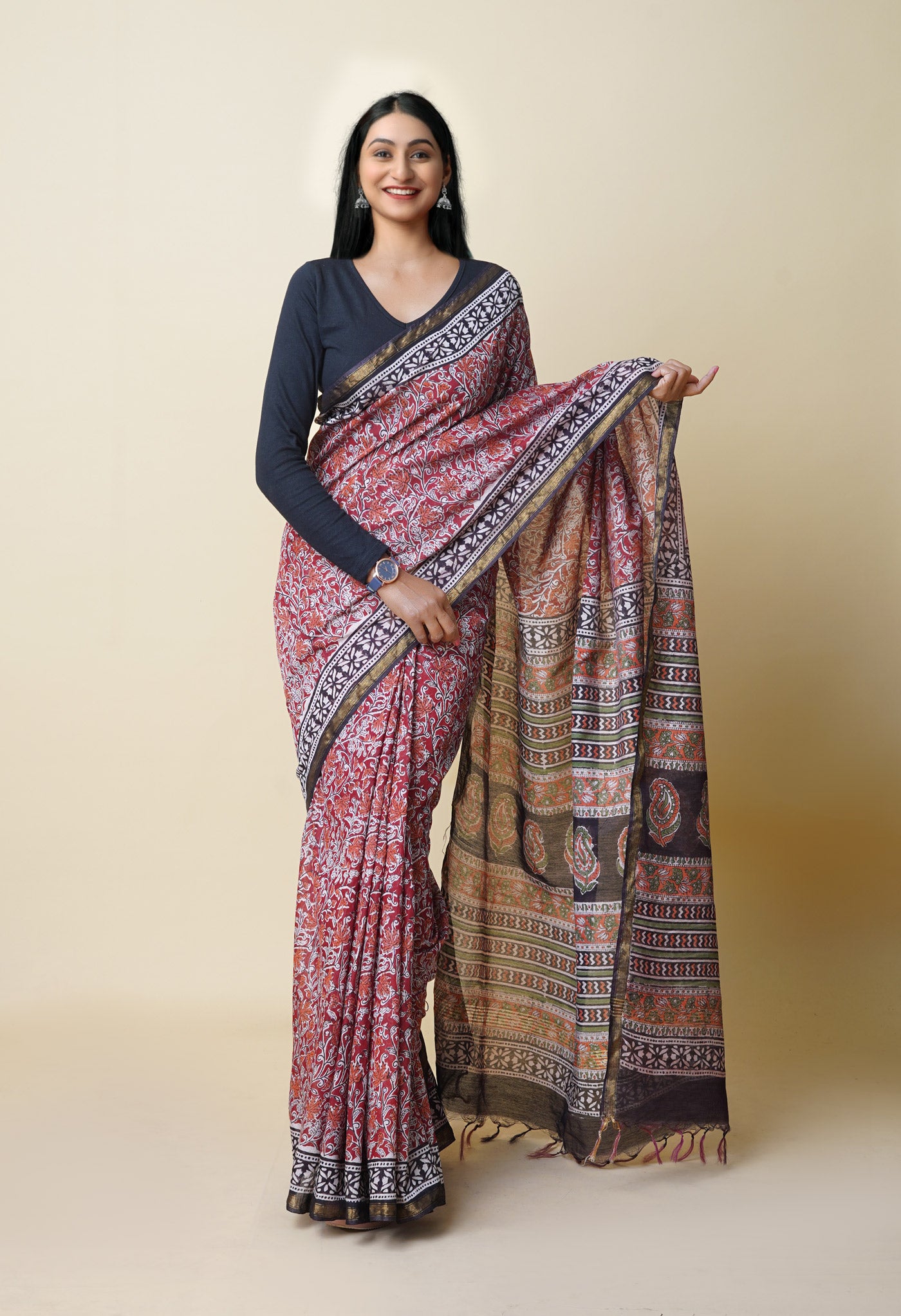 Red Pure Bagru Printed Pashmina Chanderi Sico Saree