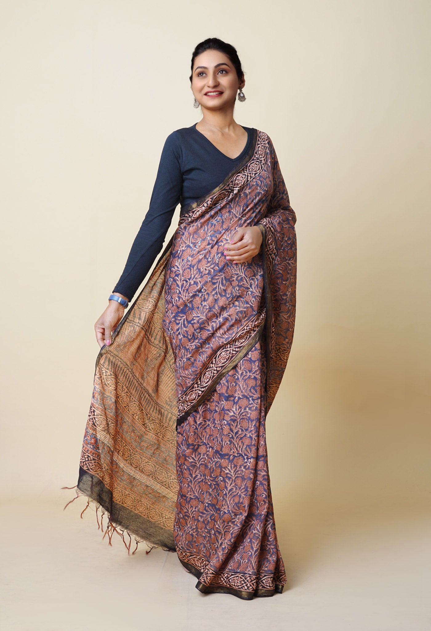 Grey Pure Discharge Bagru Printed Pashmina Chanderi Sico Saree