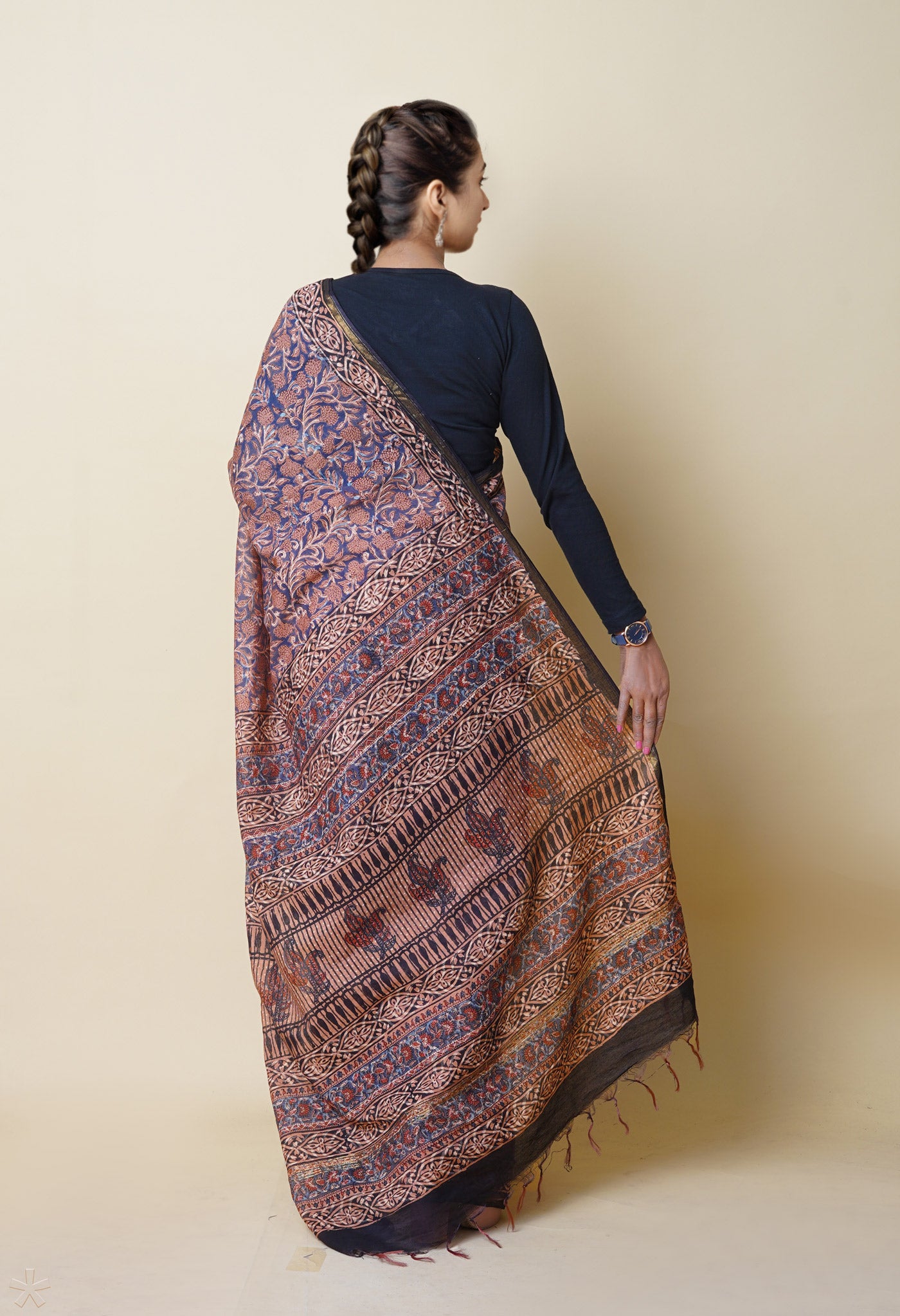 Grey Pure Discharge Bagru Printed Pashmina Chanderi Sico Saree