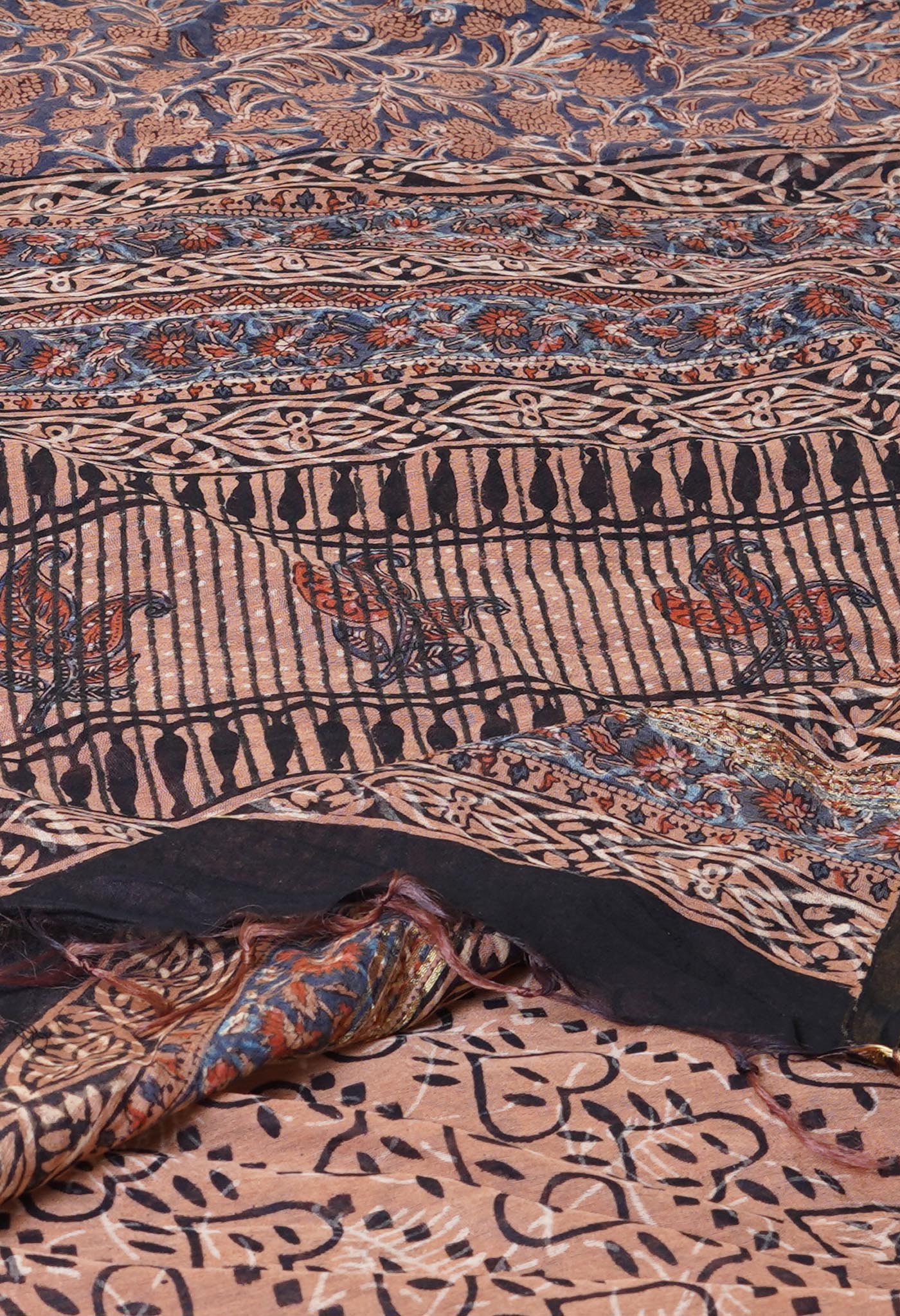 Grey Pure Discharge Bagru Printed Pashmina Chanderi Sico Saree