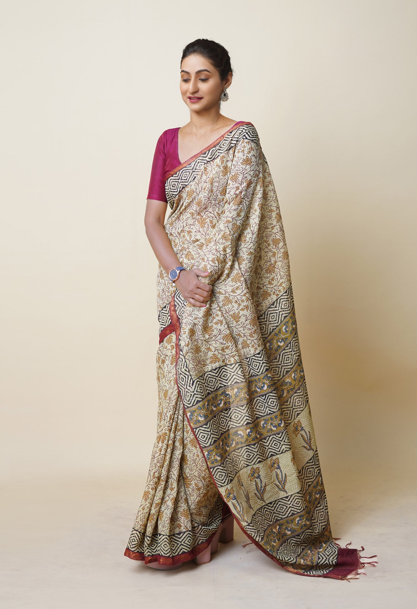 Green Pure Discharge Bagru Printed Pashmina Chanderi Sico Saree