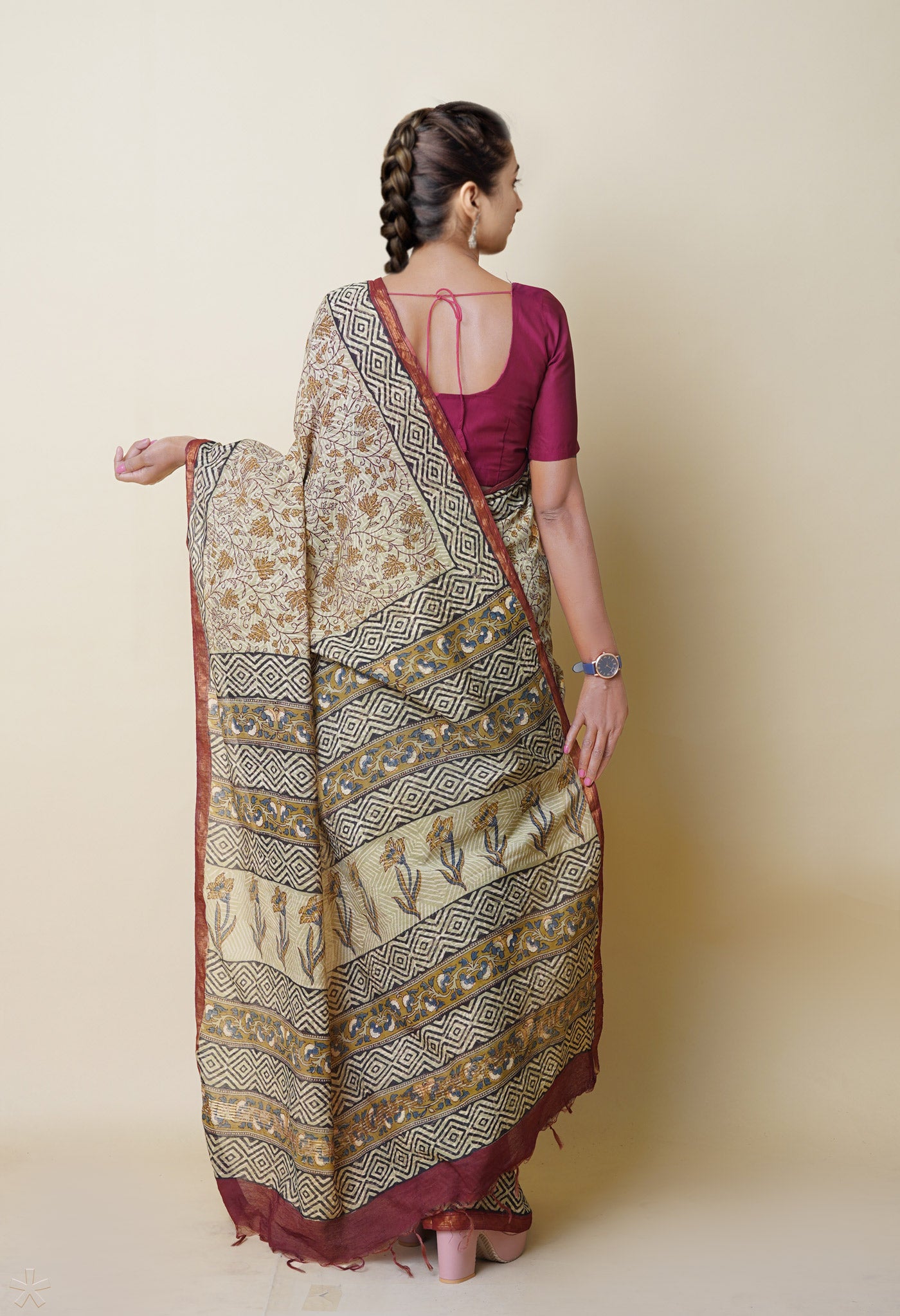 Green Pure Discharge Bagru Printed Pashmina Chanderi Sico Saree