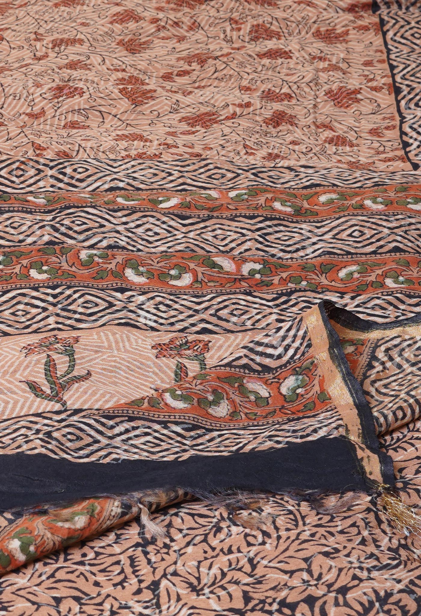 Brown Pure Discharge Bagru Printed Pashmina Chanderi Sico Saree-UNM76196