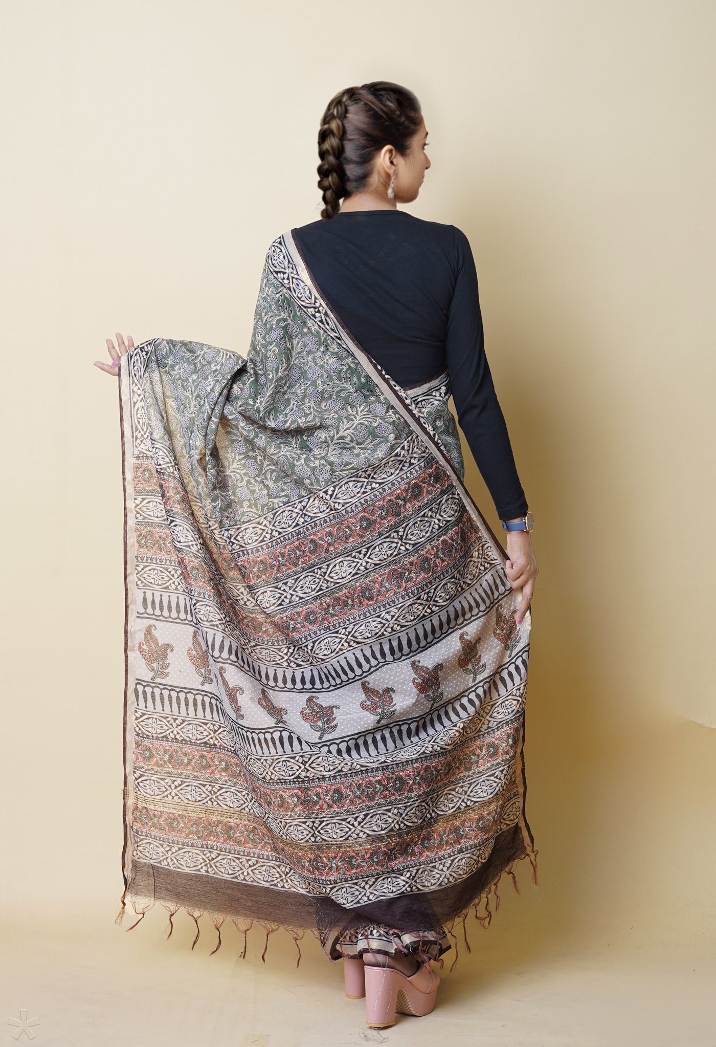 Green Pure Discharge Bagru Printed Pashmina Chanderi Sico Saree