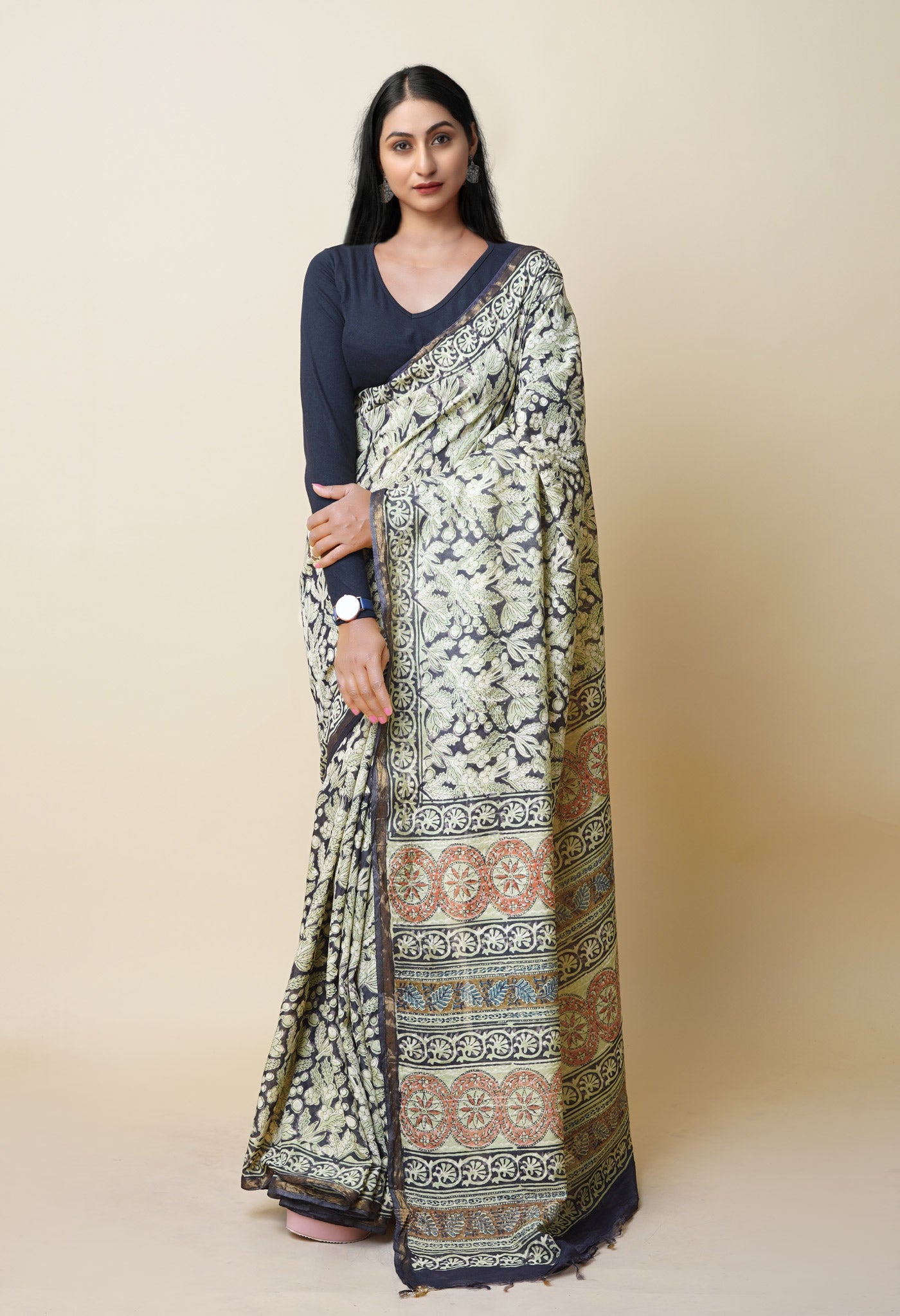 Black Pure Discharge Bagru Printed Pashmina Chanderi Sico Saree