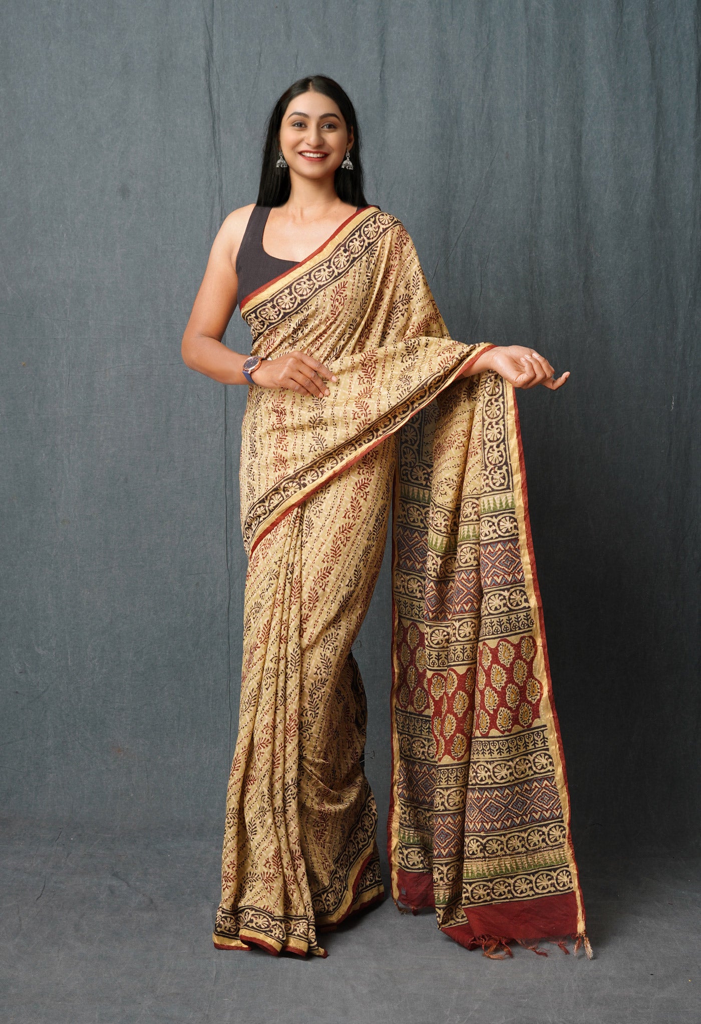 Green Pure Discharge Bagru Printed Pashmina Chanderi Sico Saree