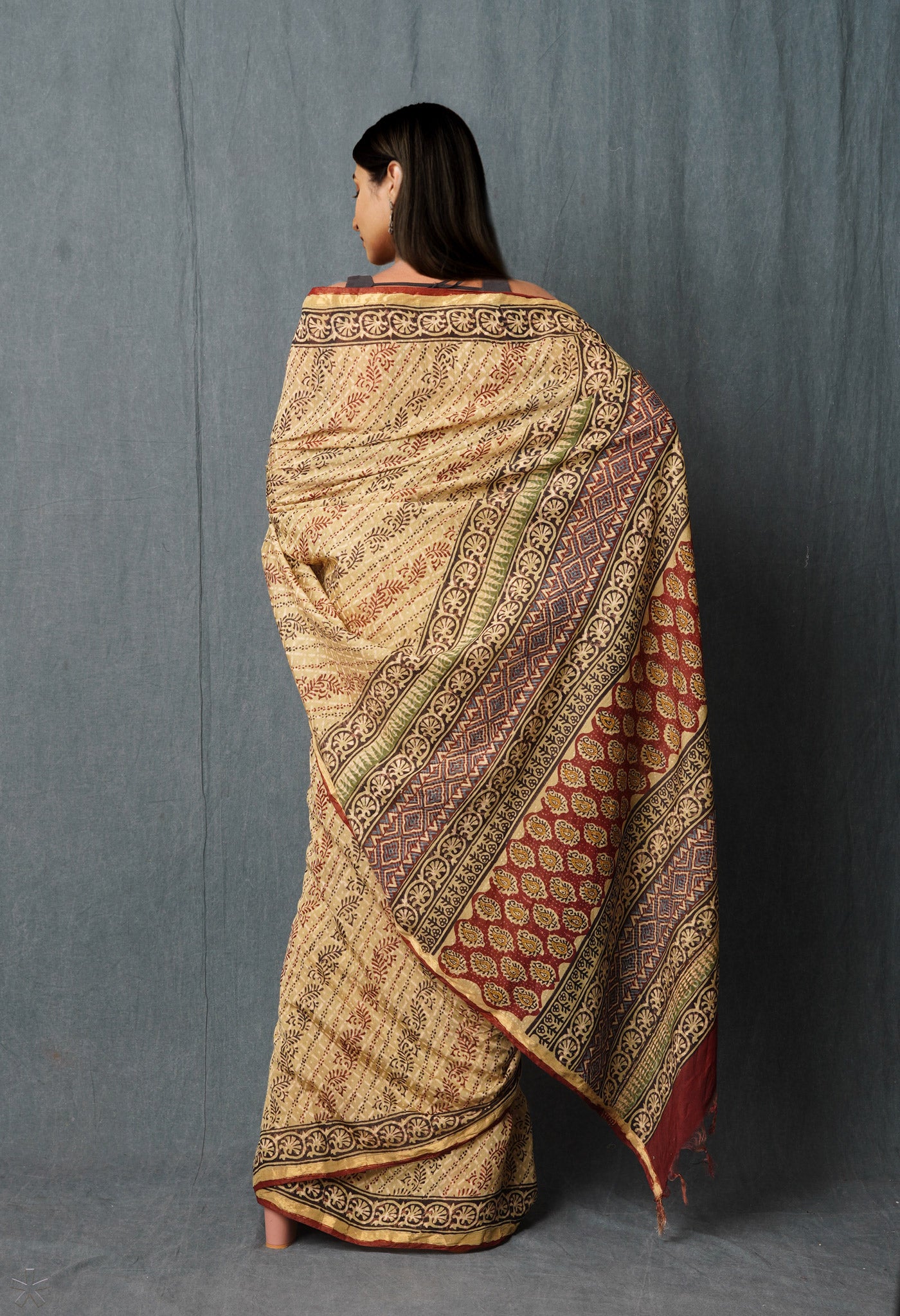 Green Pure Discharge Bagru Printed Pashmina Chanderi Sico Saree