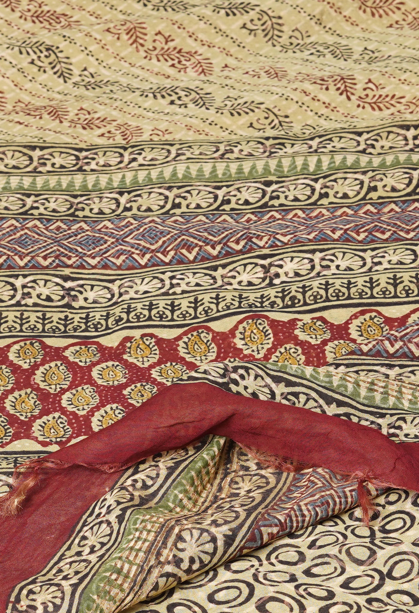 Green Pure Discharge Bagru Printed Pashmina Chanderi Sico Saree