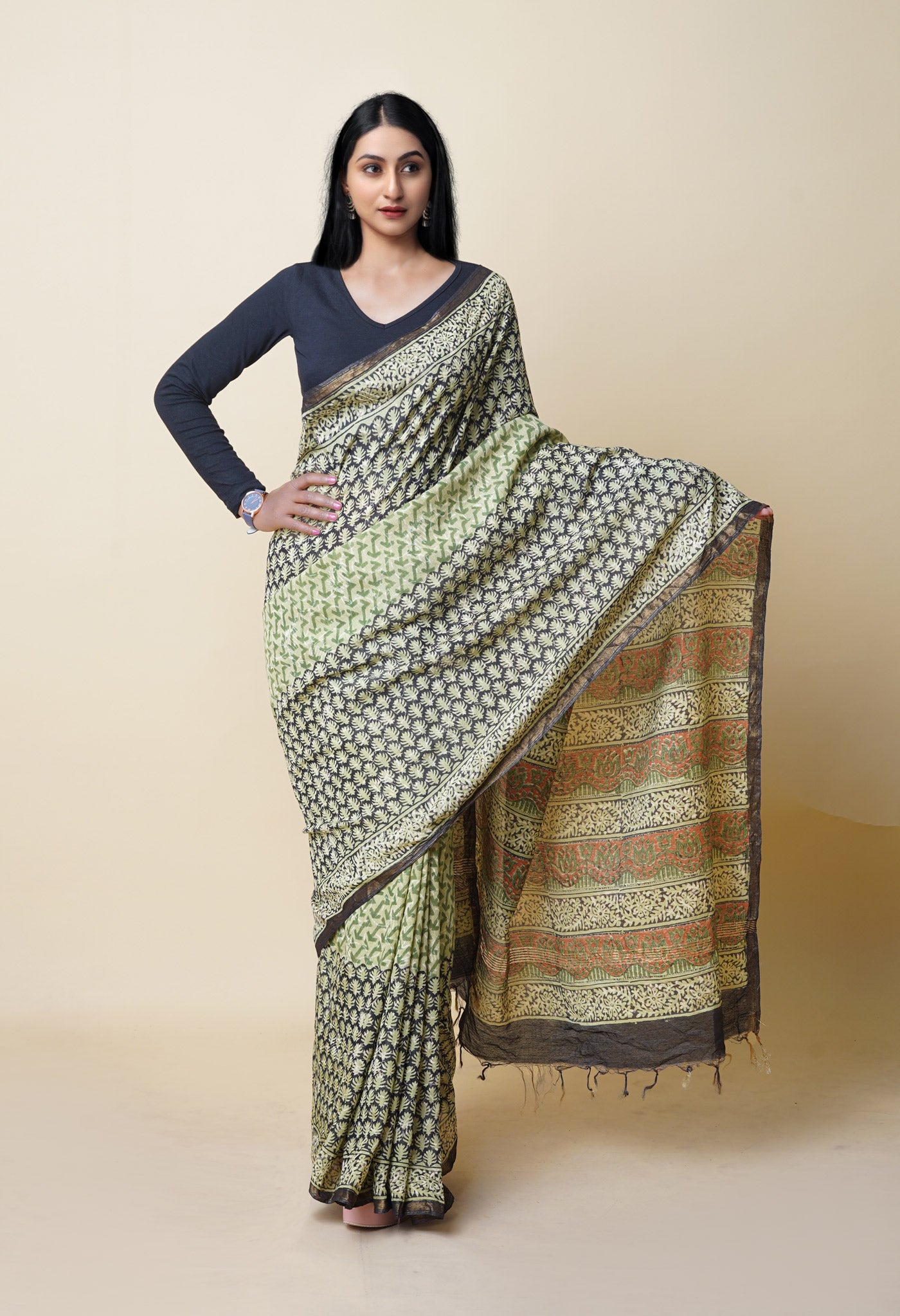 Green Pure Discharge Bagru Printed Pashmina Chanderi Sico Saree