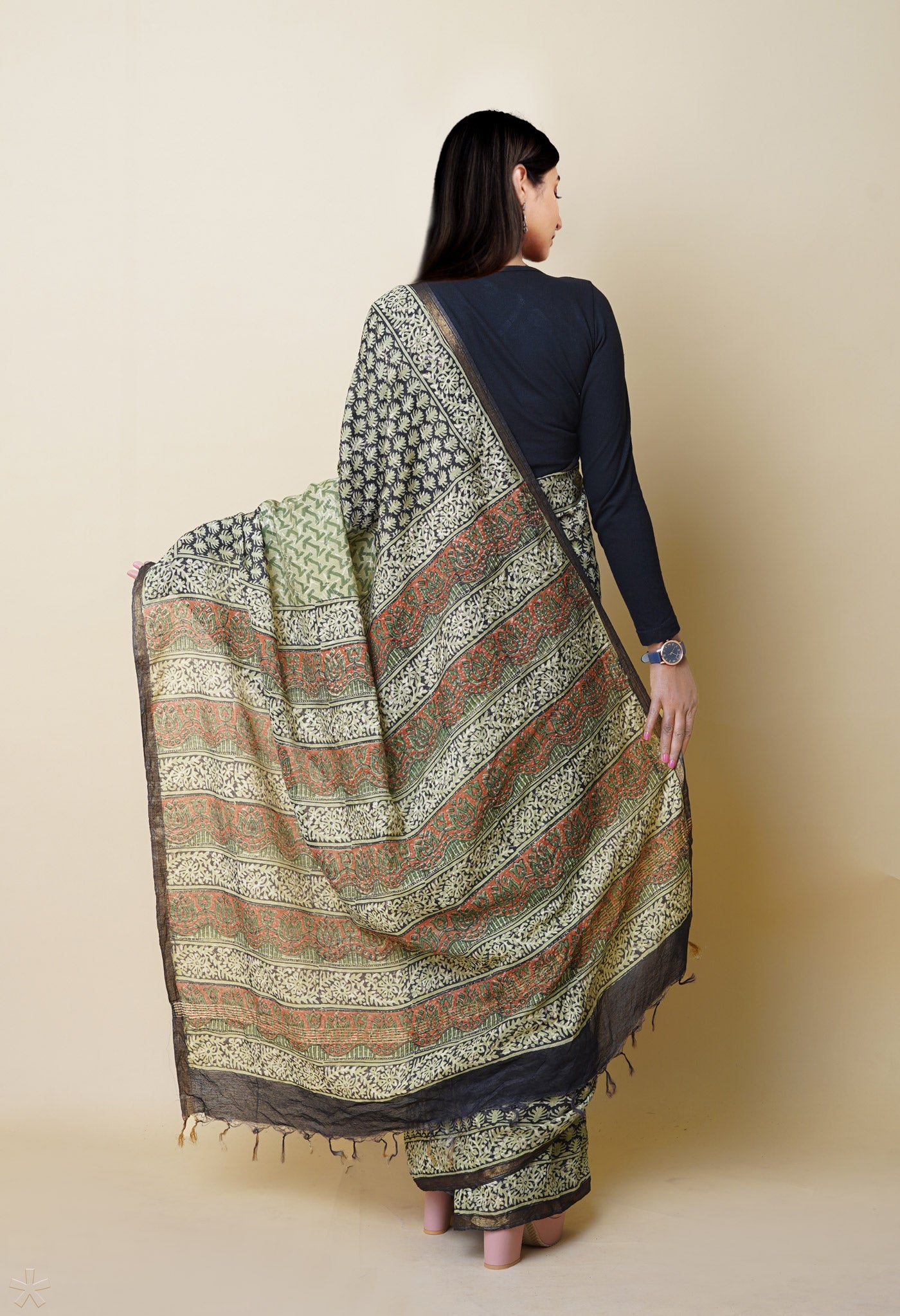 Green Pure Discharge Bagru Printed Pashmina Chanderi Sico Saree
