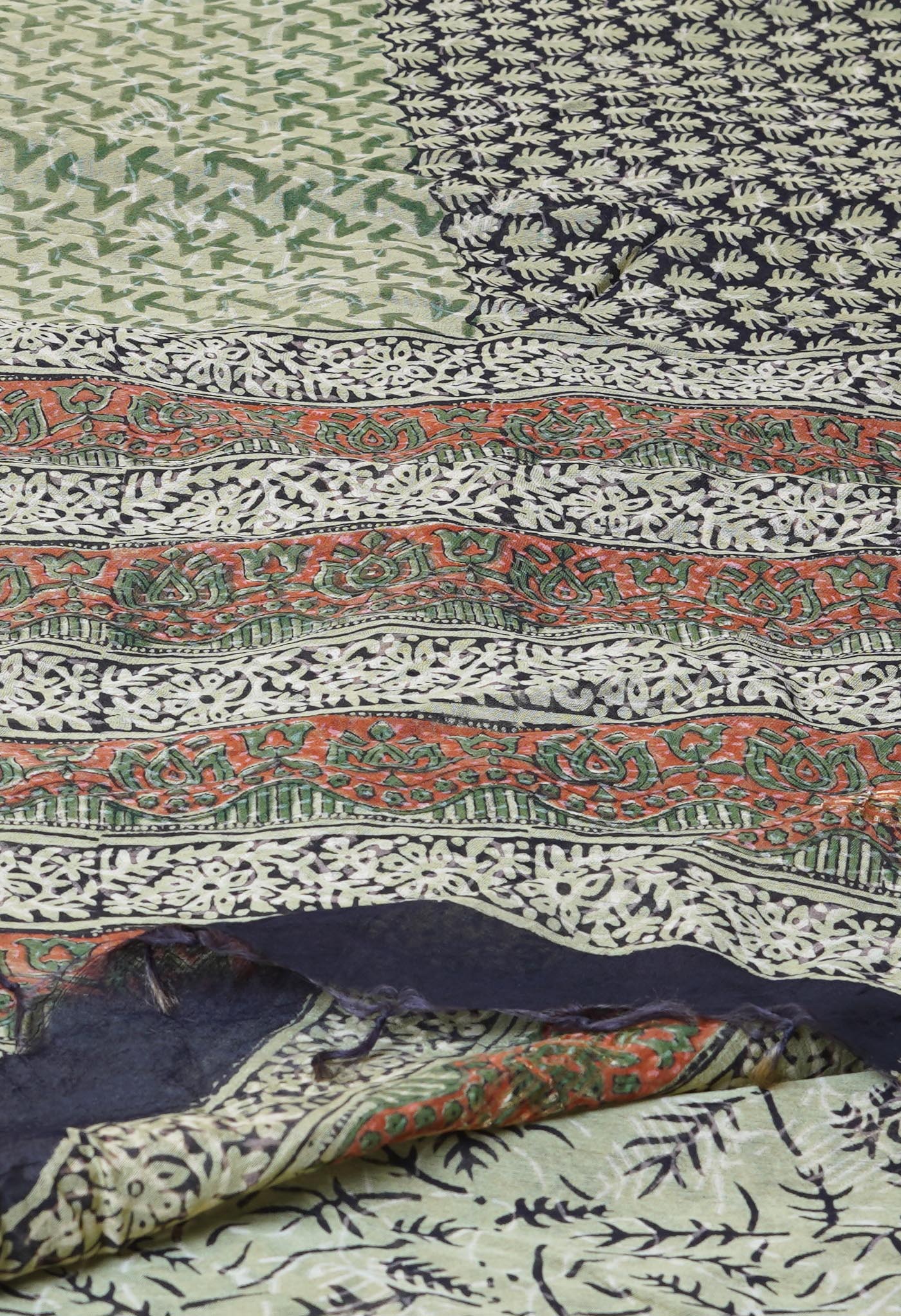 Green Pure Discharge Bagru Printed Pashmina Chanderi Sico Saree