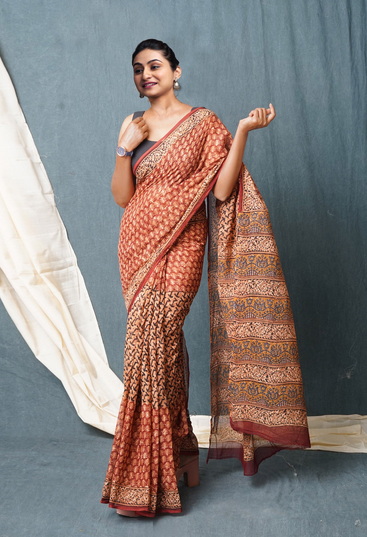 Brown Pure Discharge Bagru Printed Pashmina Chanderi Sico Saree