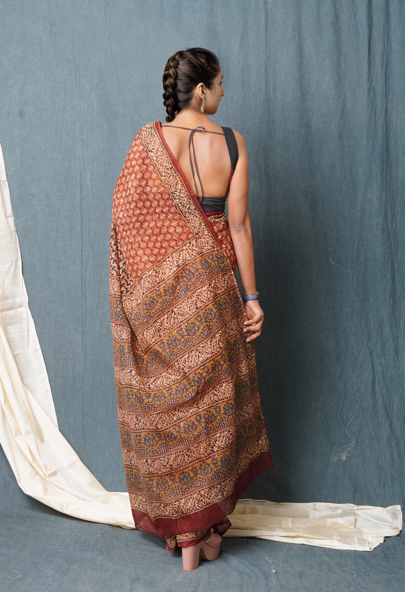 Brown Pure Discharge Bagru Printed Pashmina Chanderi Sico Saree