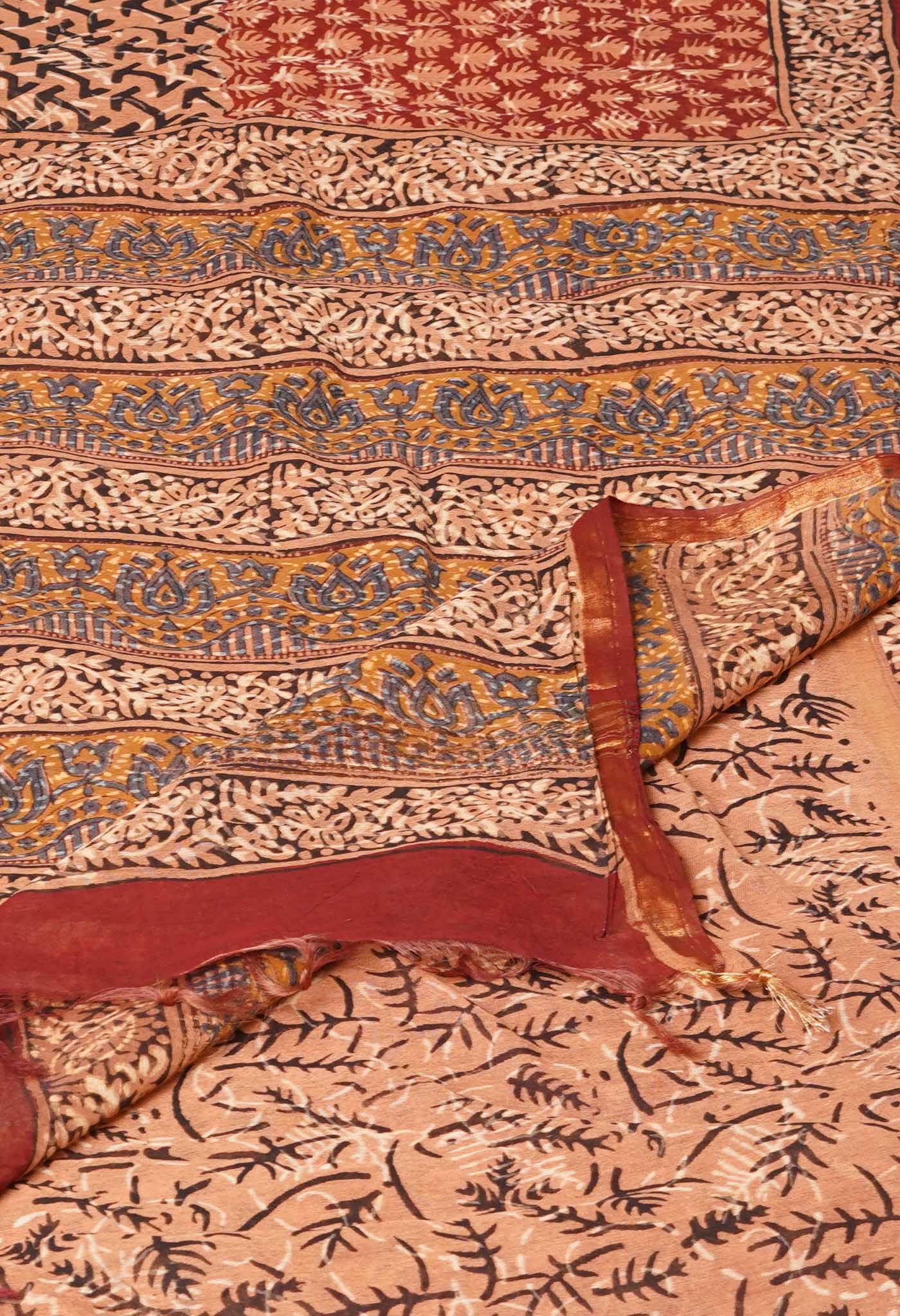 Brown Pure Discharge Bagru Printed Pashmina Chanderi Sico Saree