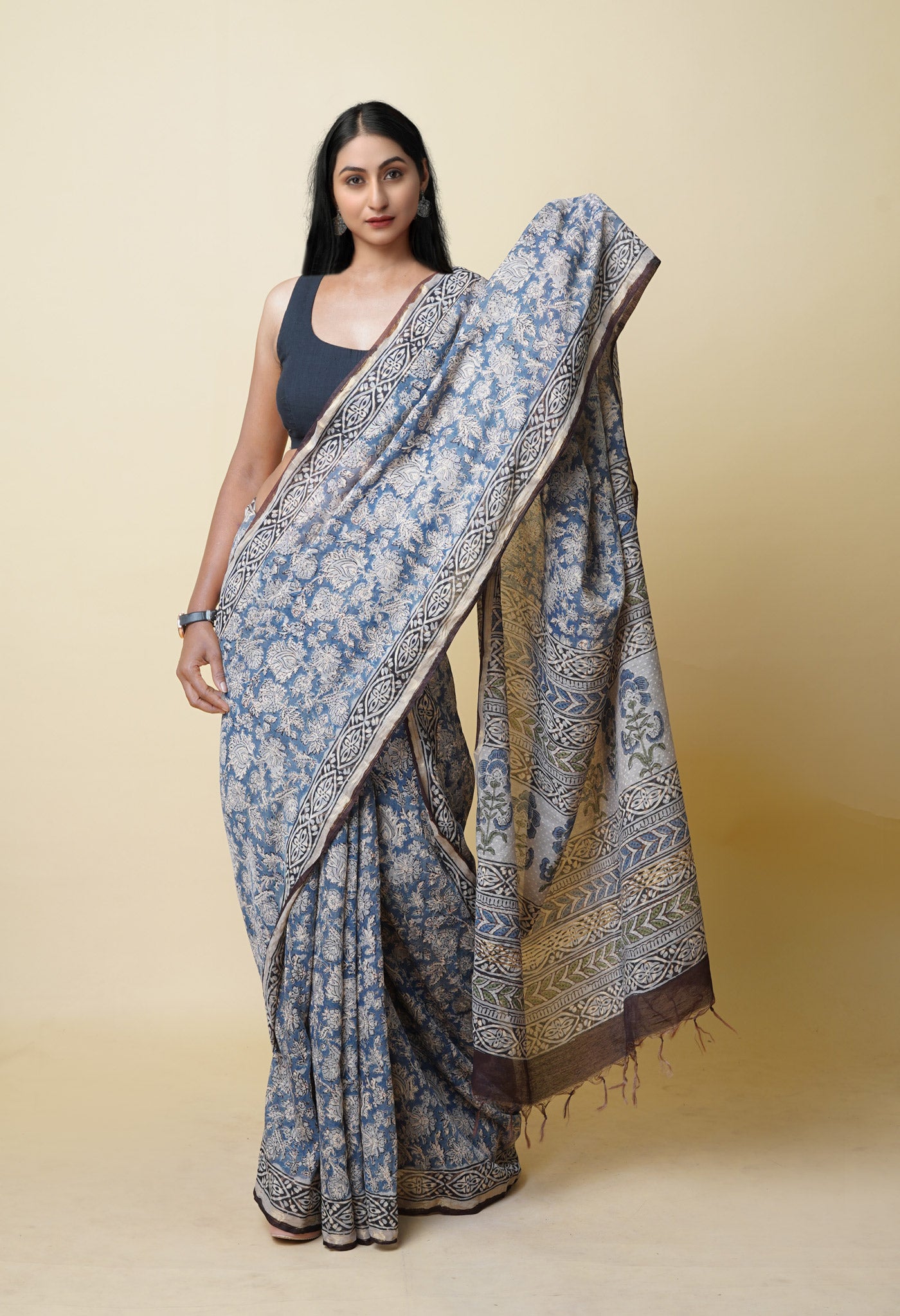 Blue Pure Discharge Bagru Printed Pashmina Chanderi Sico Saree