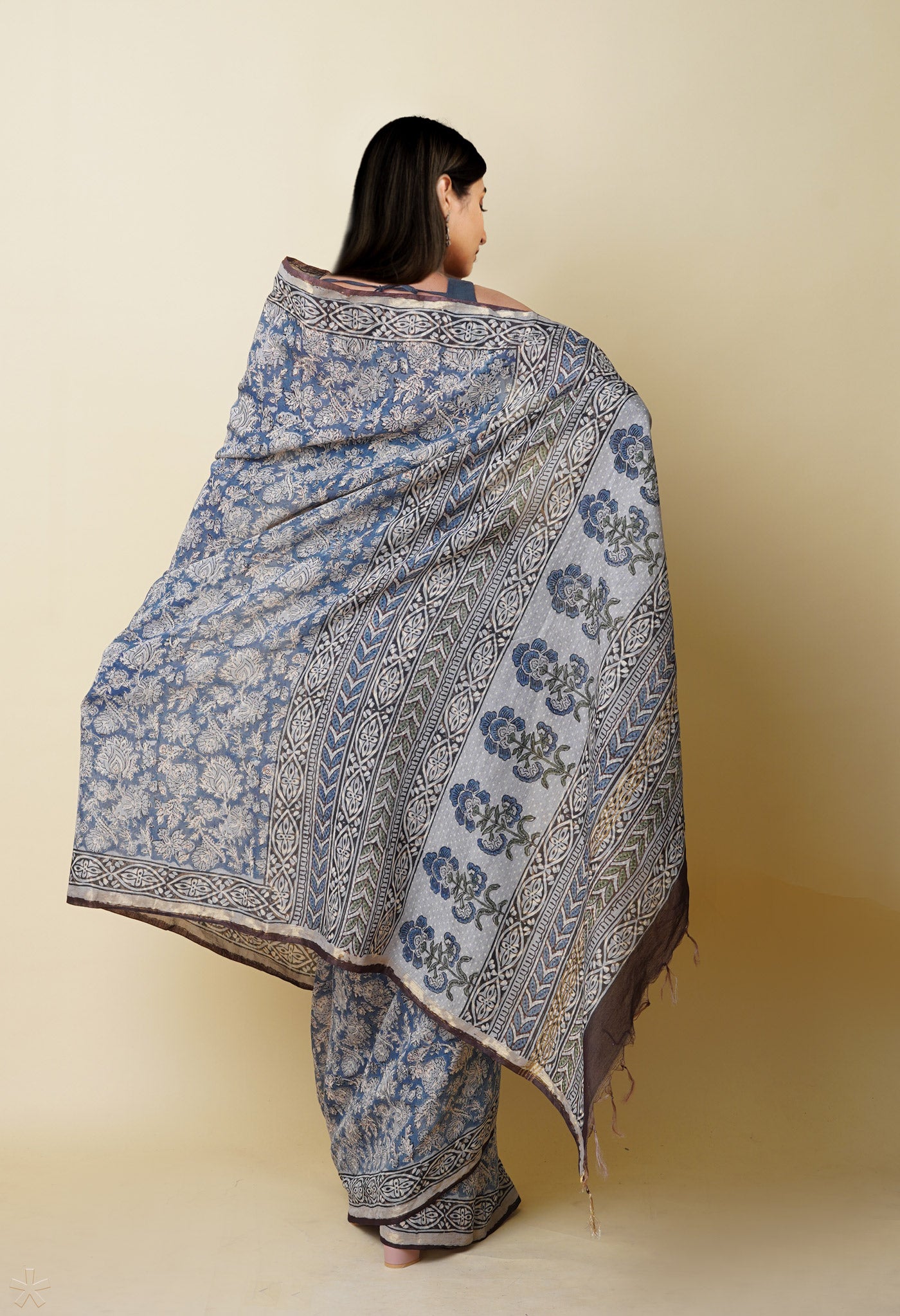 Blue Pure Discharge Bagru Printed Pashmina Chanderi Sico Saree