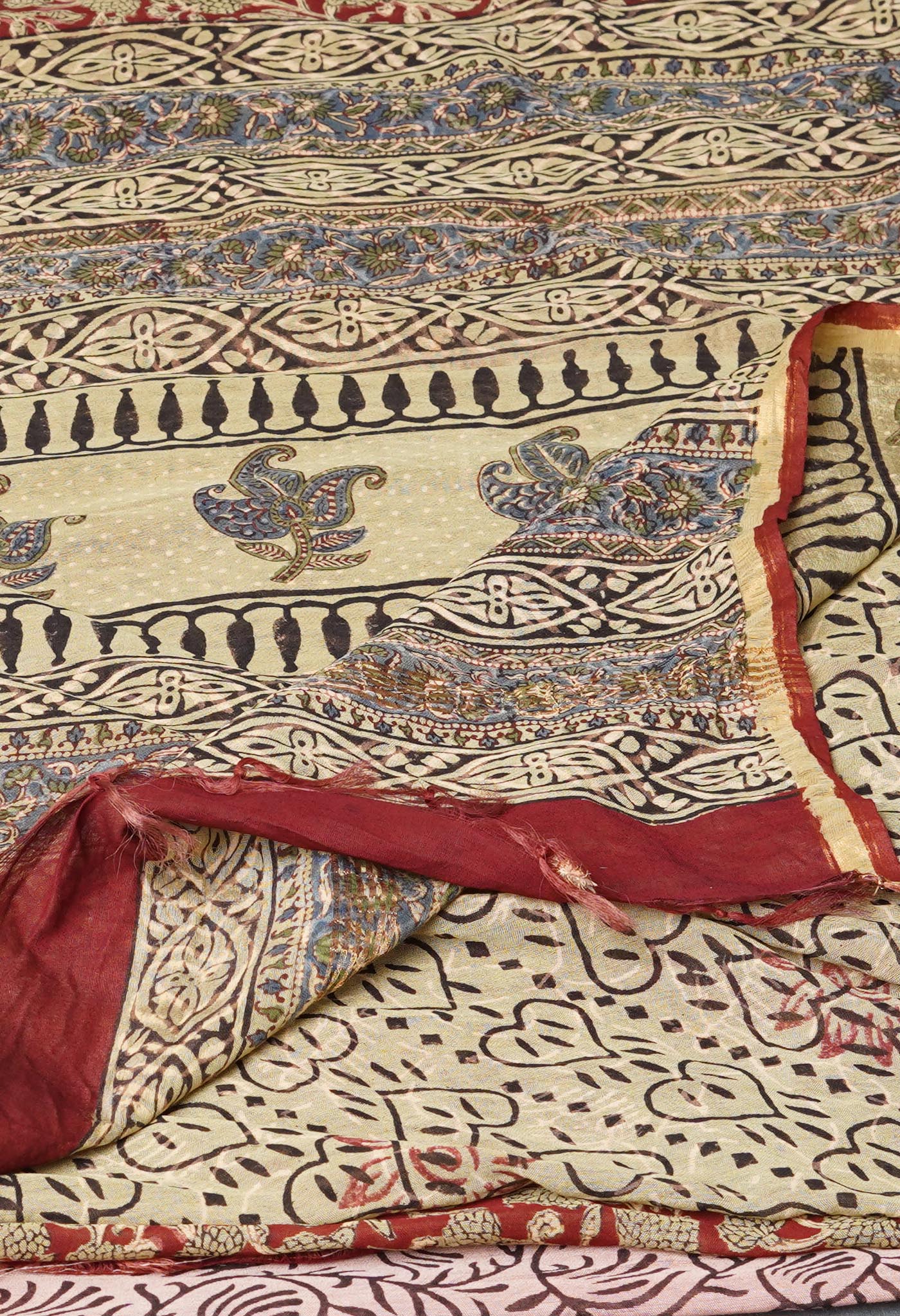Red Pure Discharge Bagru Printed Pashmina Chanderi Sico Saree