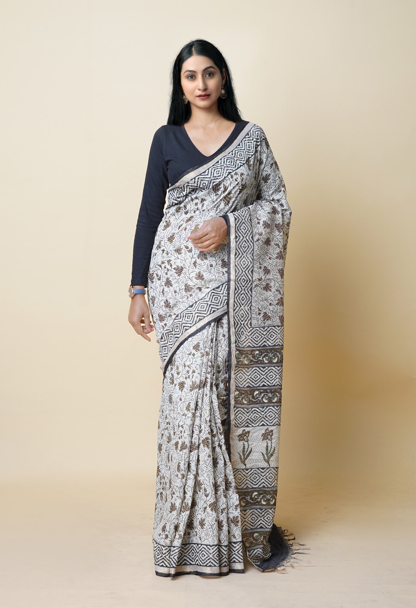 Ivory Pure Discharge Bagru Printed Pashmina Chanderi Sico Saree