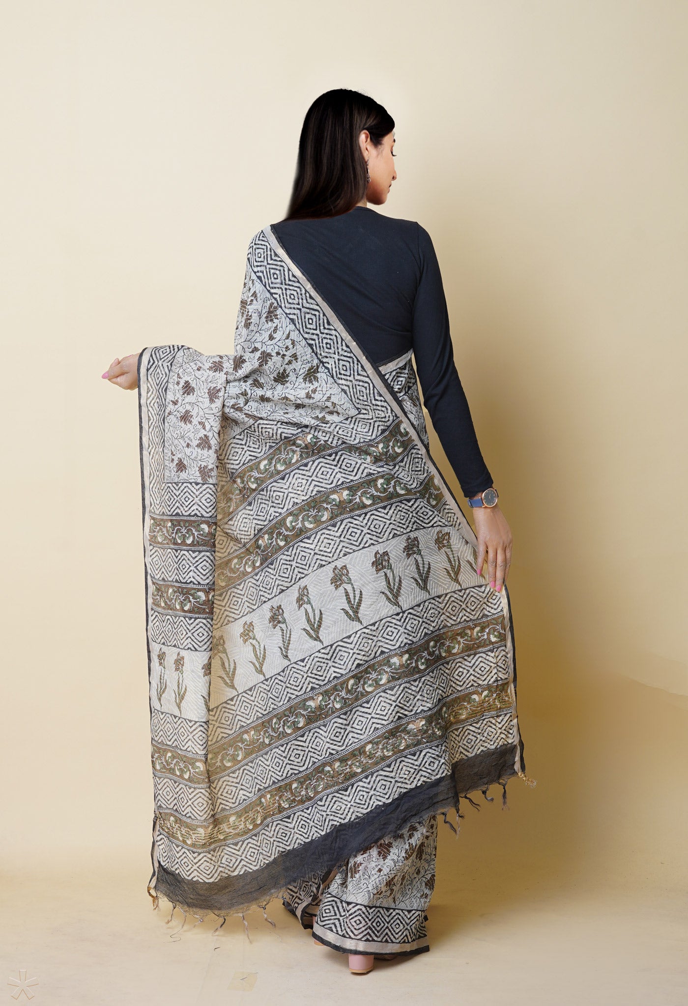 Ivory Pure Discharge Bagru Printed Pashmina Chanderi Sico Saree