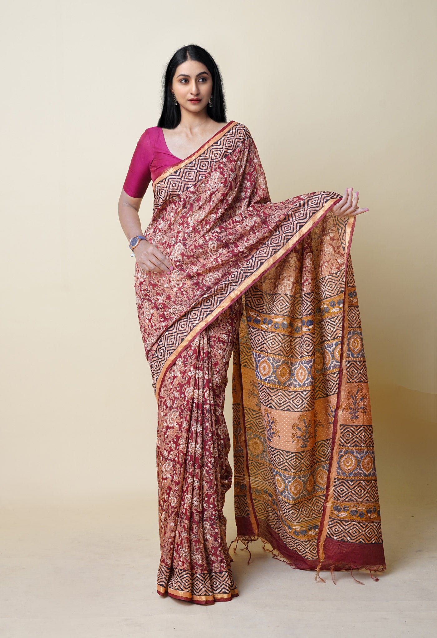 Red Pure Discharge Bagru Printed Pashmina Chanderi Sico Saree