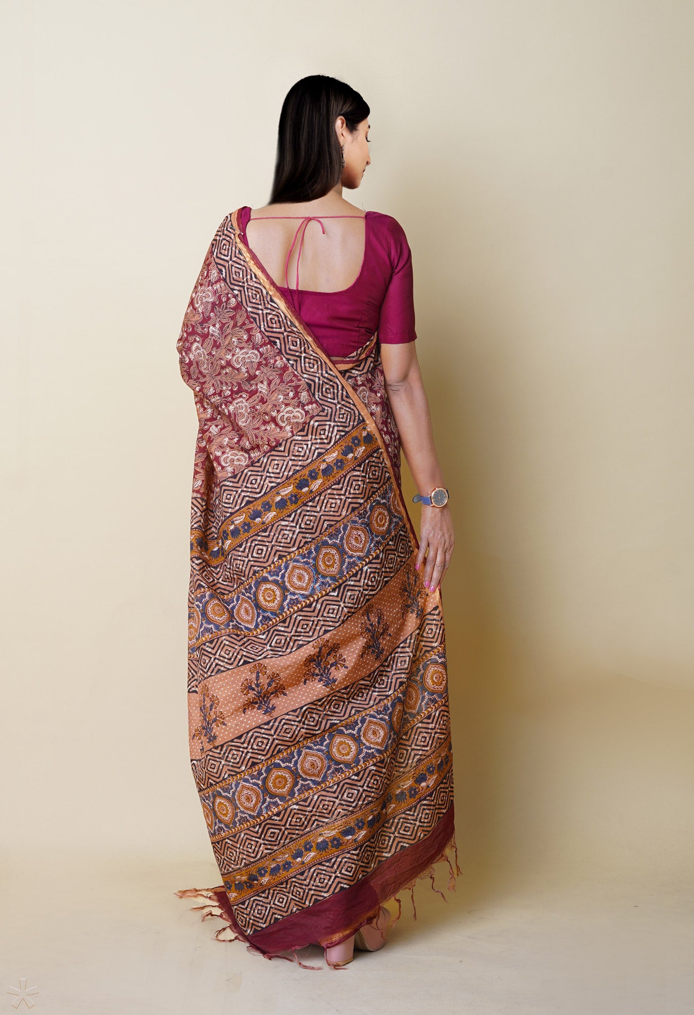 Red Pure Discharge Bagru Printed Pashmina Chanderi Sico Saree