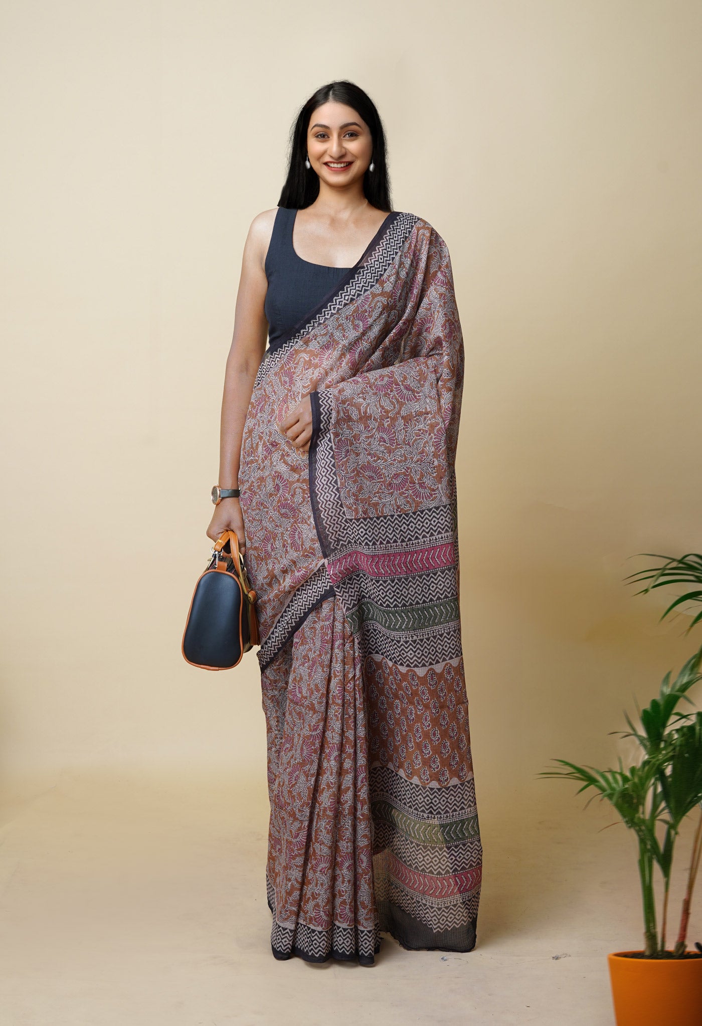Brown Pure Bagru Printed Kota Saree