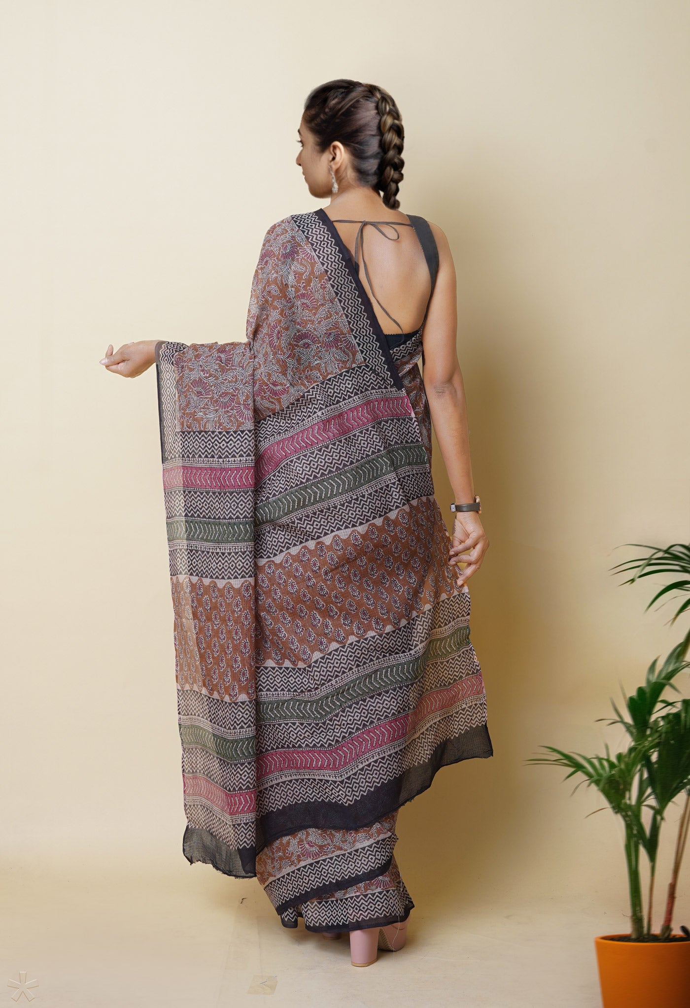 Brown Pure Bagru Printed Kota Saree