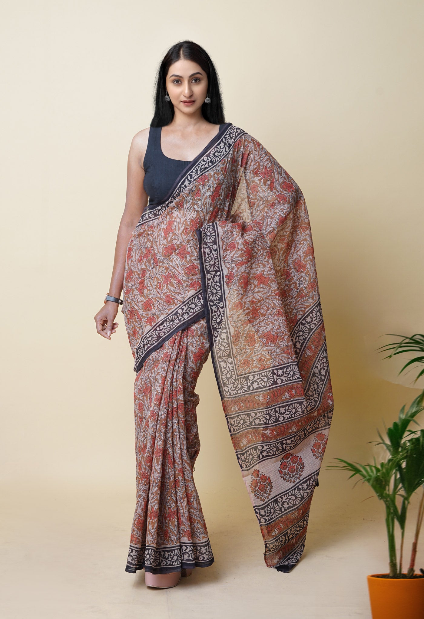Brown Pure Bagru Printed Kota Saree