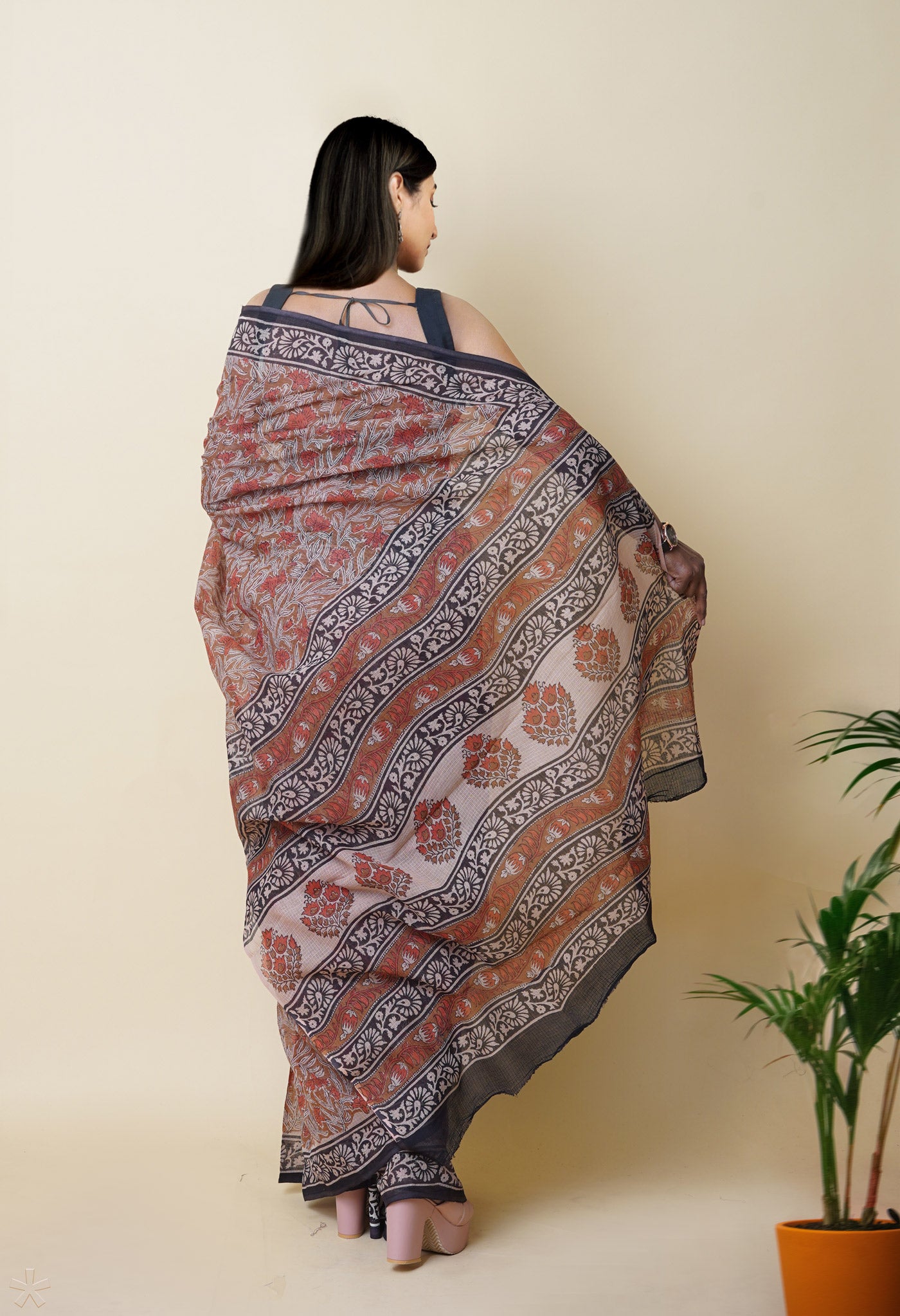 Brown Pure Bagru Printed Kota Saree