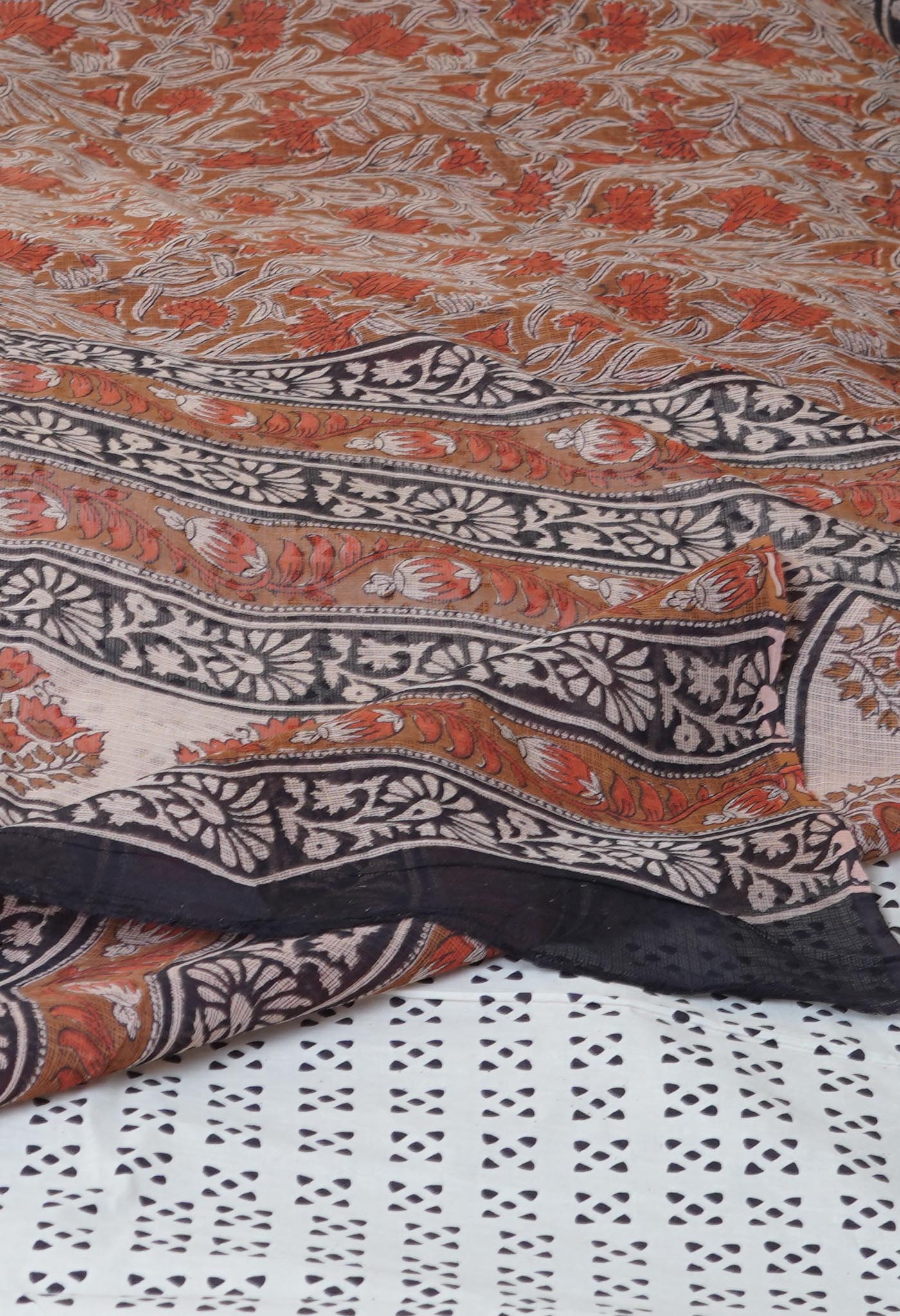 Brown Pure Bagru Printed Kota Saree
