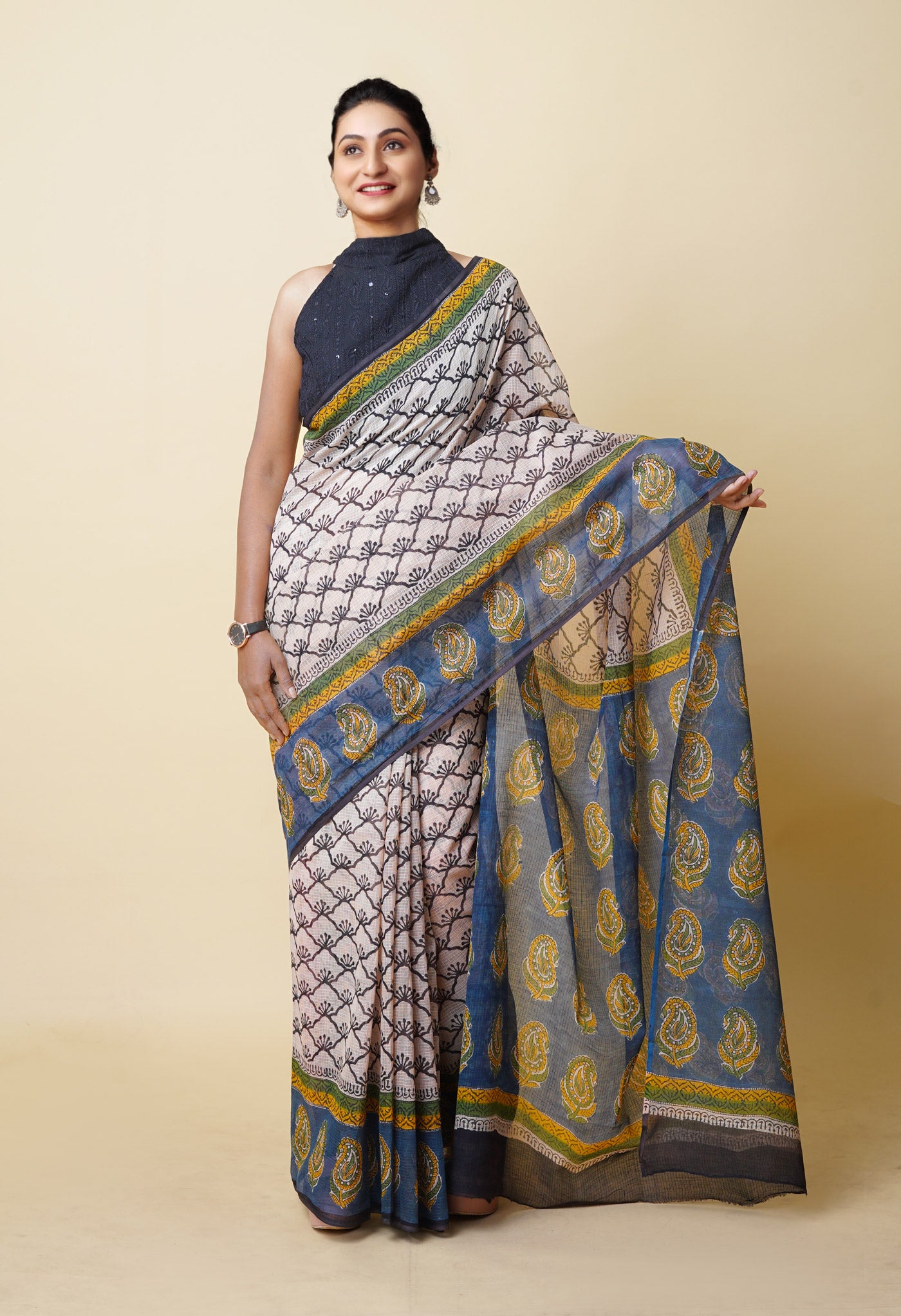 Cream Pure Traditional Bagru Printed Kota Saree