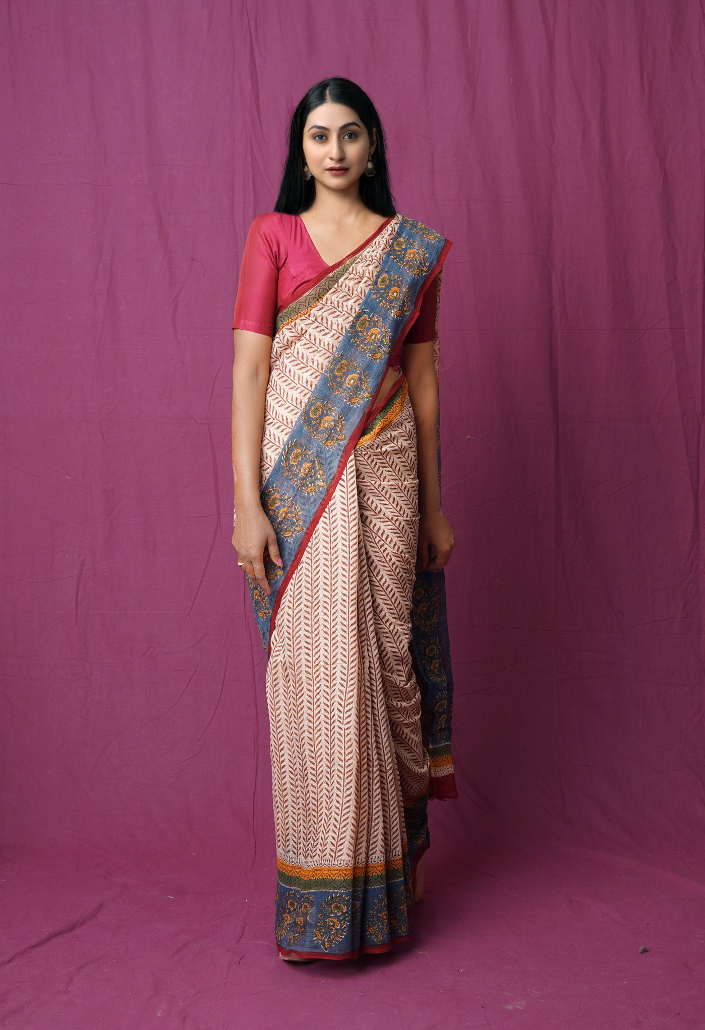 Cream Pure Traditional Bagru Printed Kota Saree