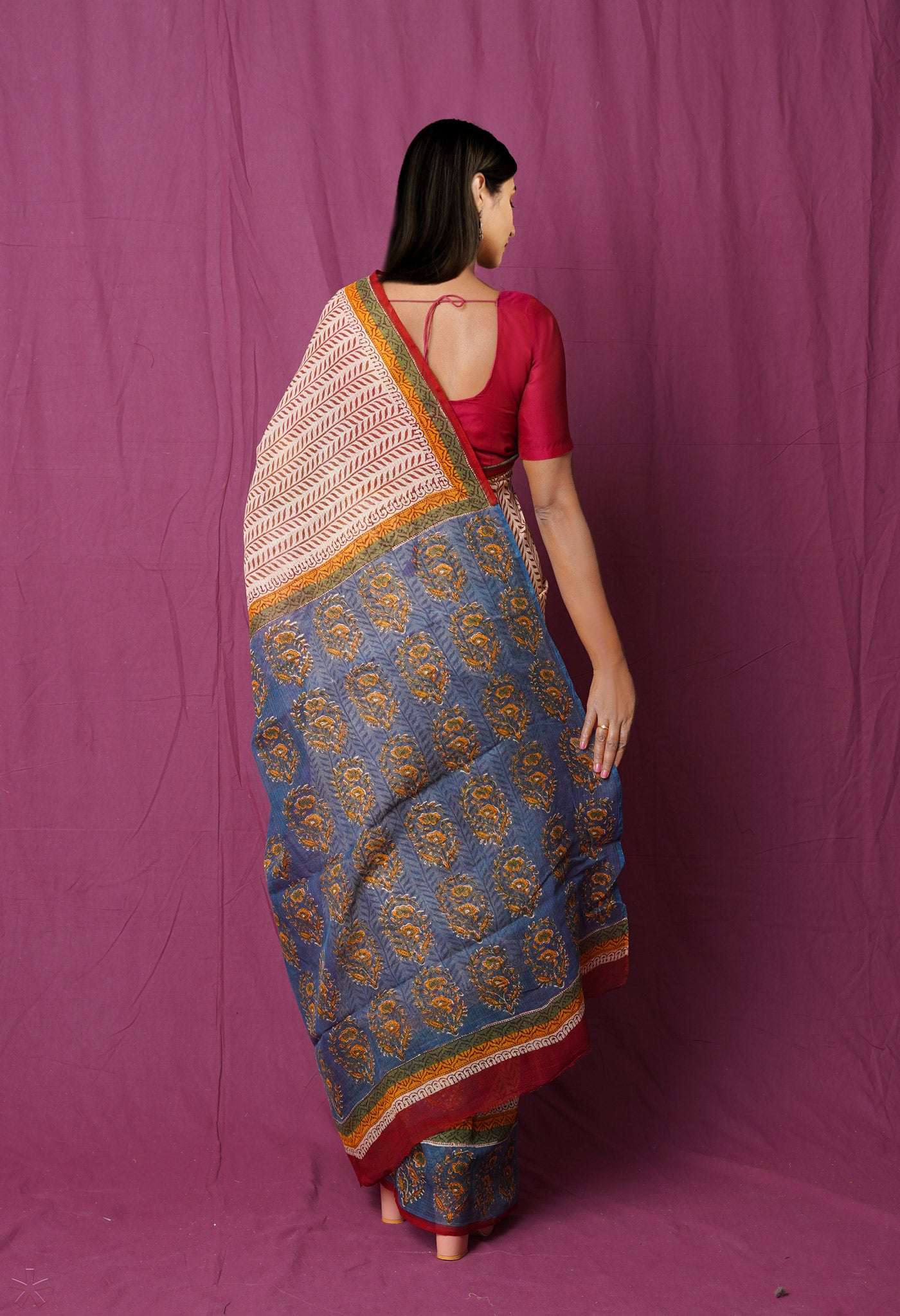 Cream Pure Traditional Bagru Printed Kota Saree