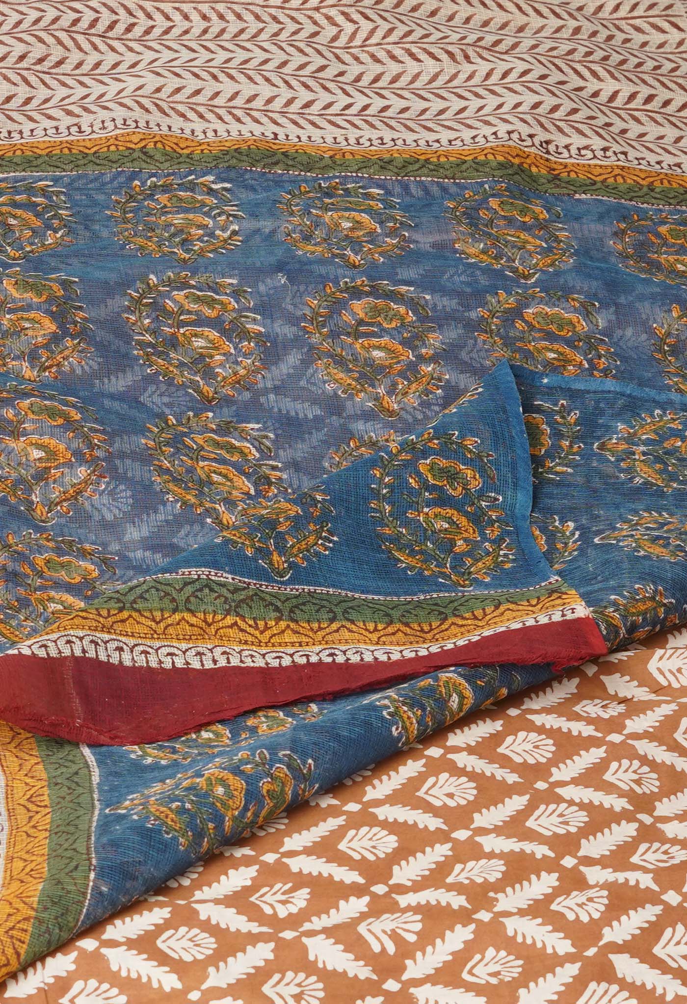 Cream Pure Traditional Bagru Printed Kota Saree