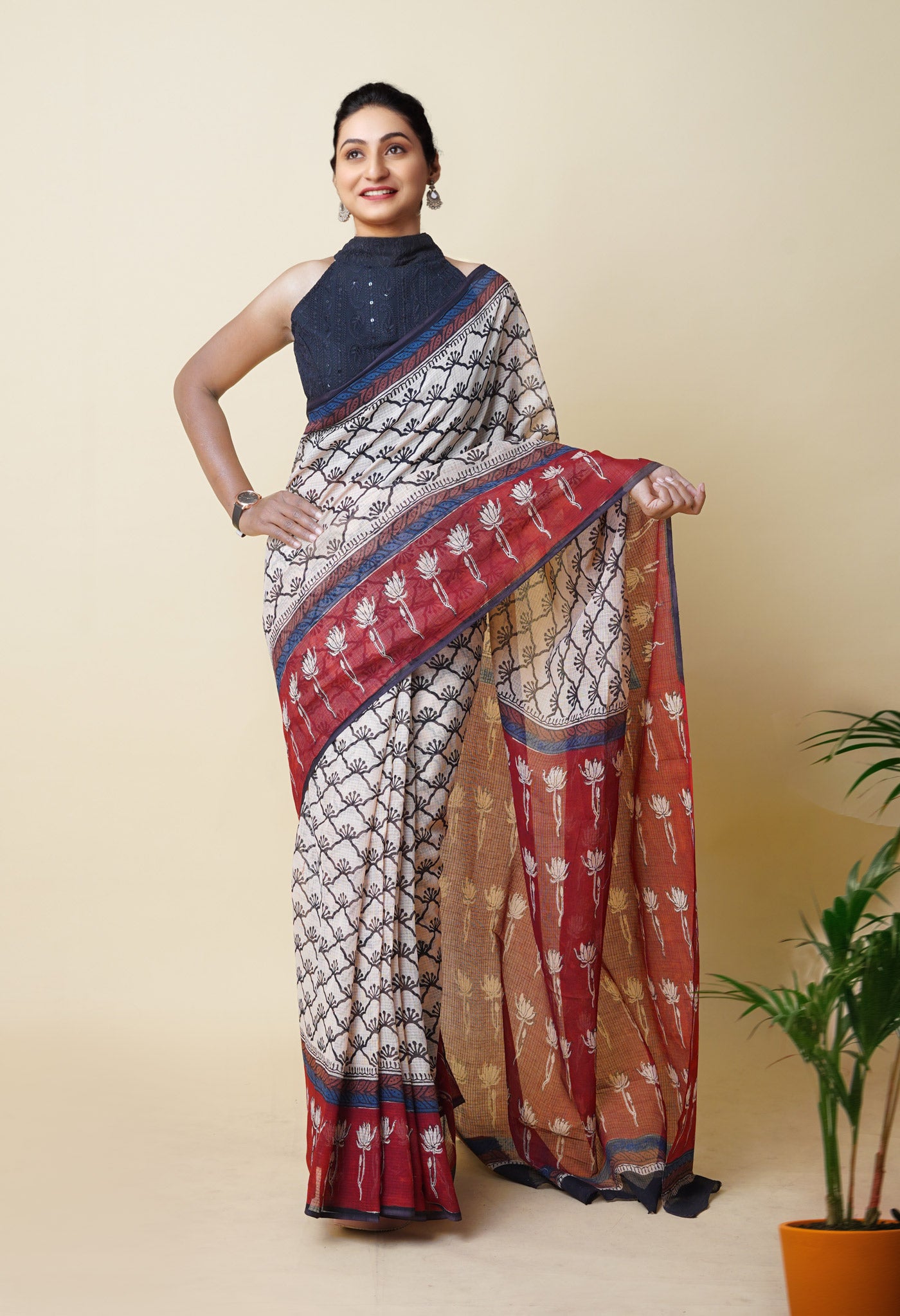 Cream Pure Traditional Bagru Printed Kota Saree