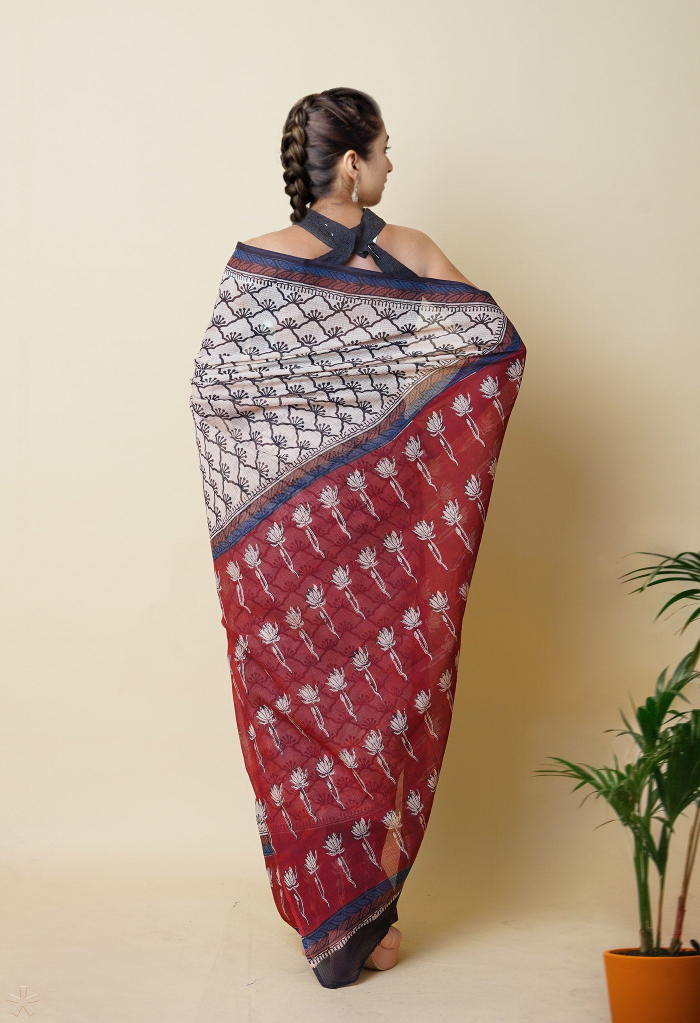 Cream Pure Traditional Bagru Printed Kota Saree