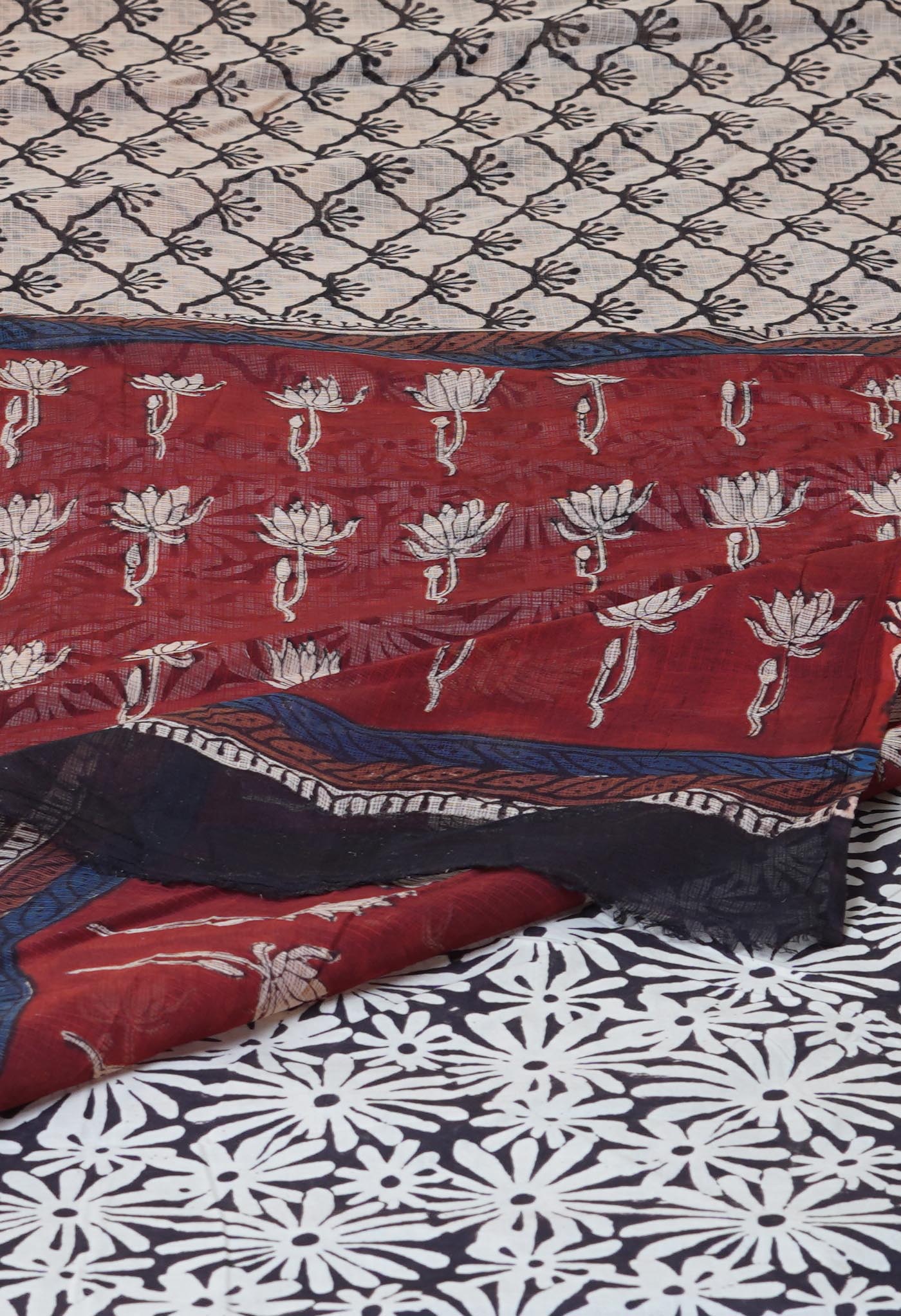 Cream Pure Traditional Bagru Printed Kota Saree