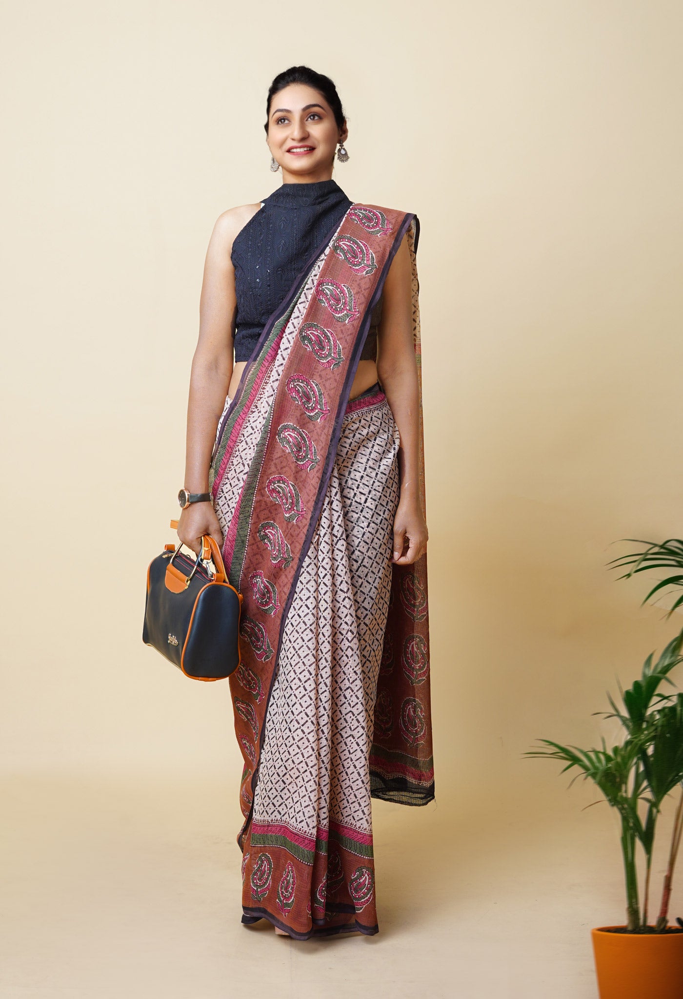 Cream Pure Traditional Bagru Printed Kota Saree
