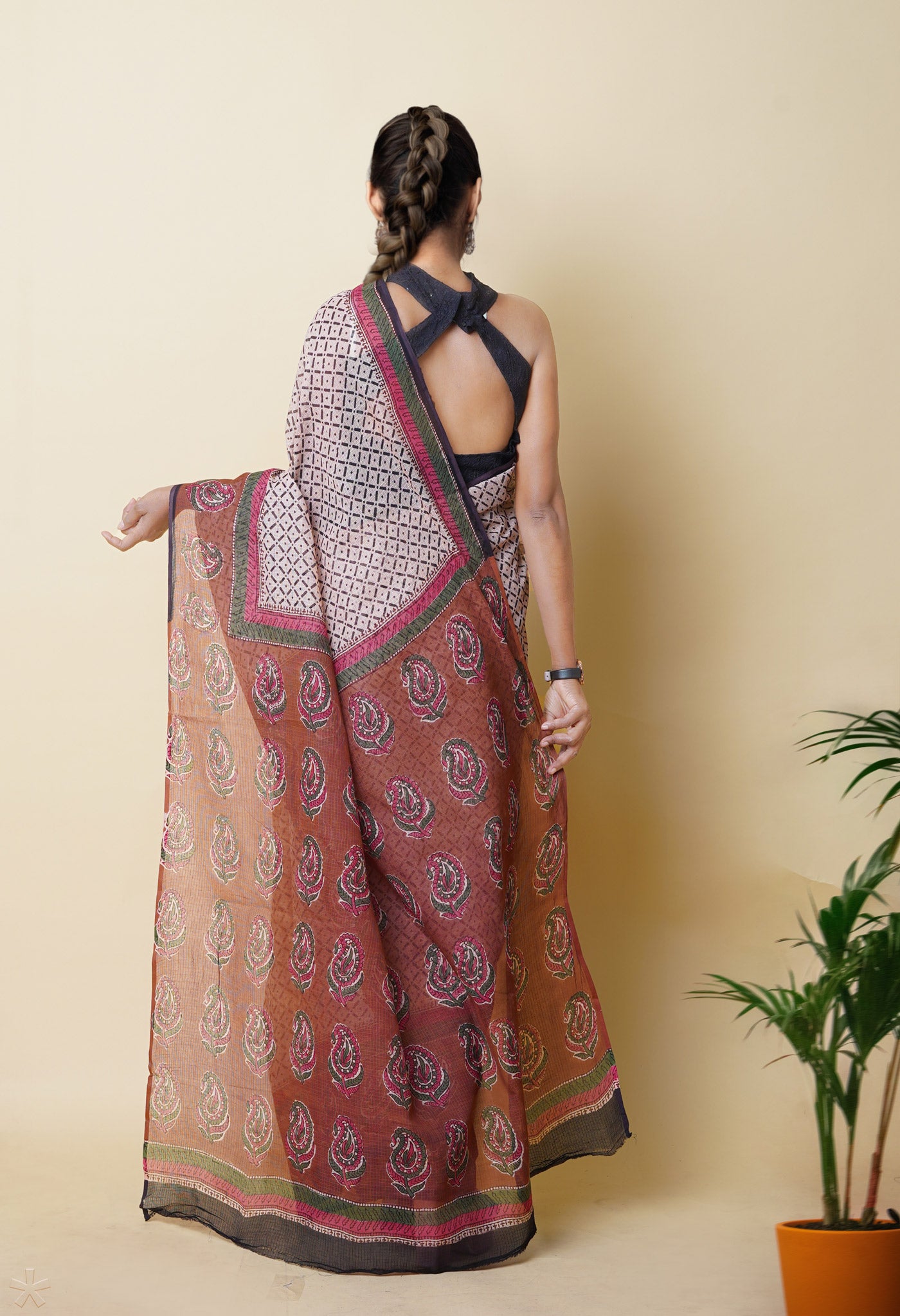 Cream Pure Traditional Bagru Printed Kota Saree