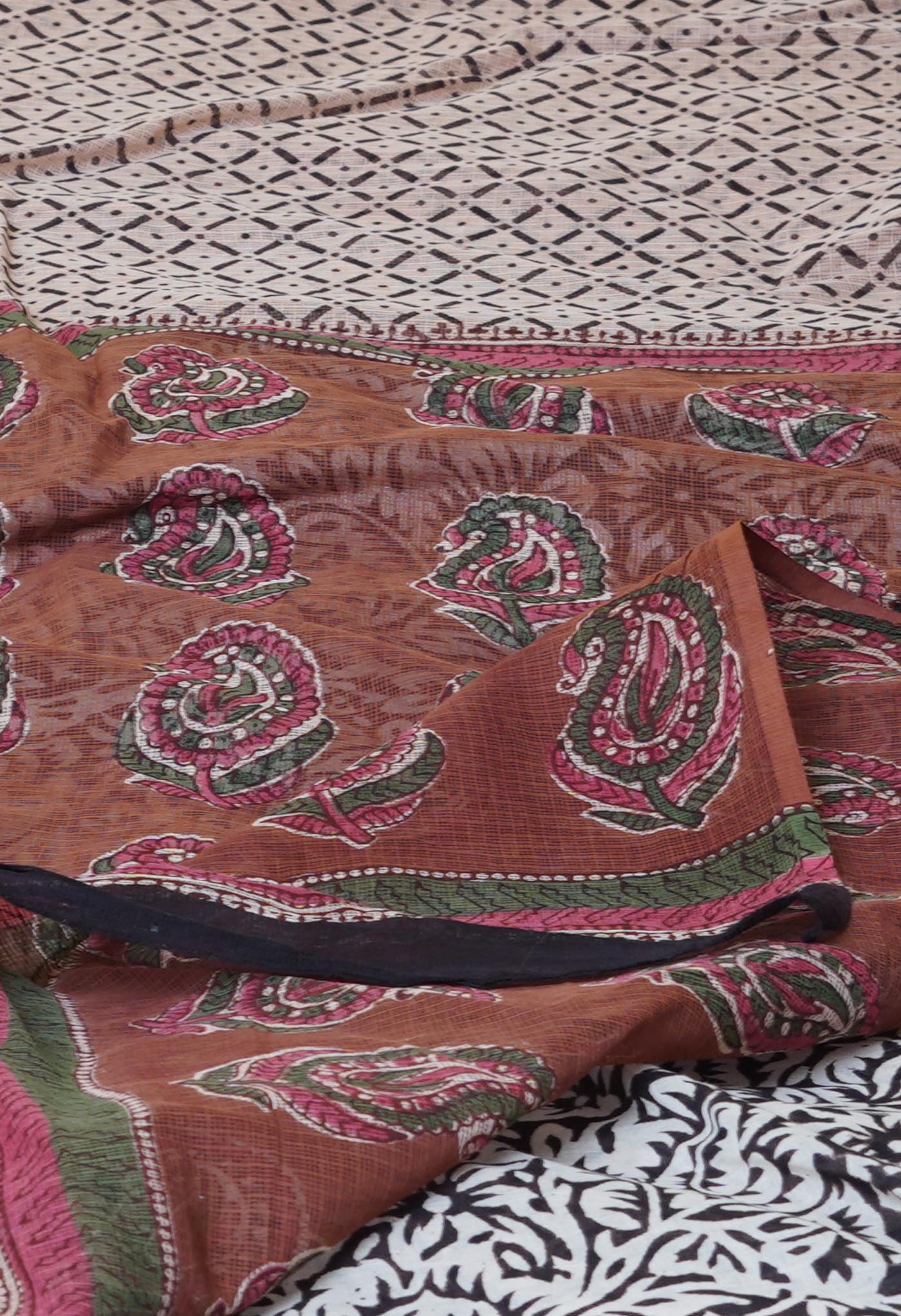 Cream Pure Traditional Bagru Printed Kota Saree