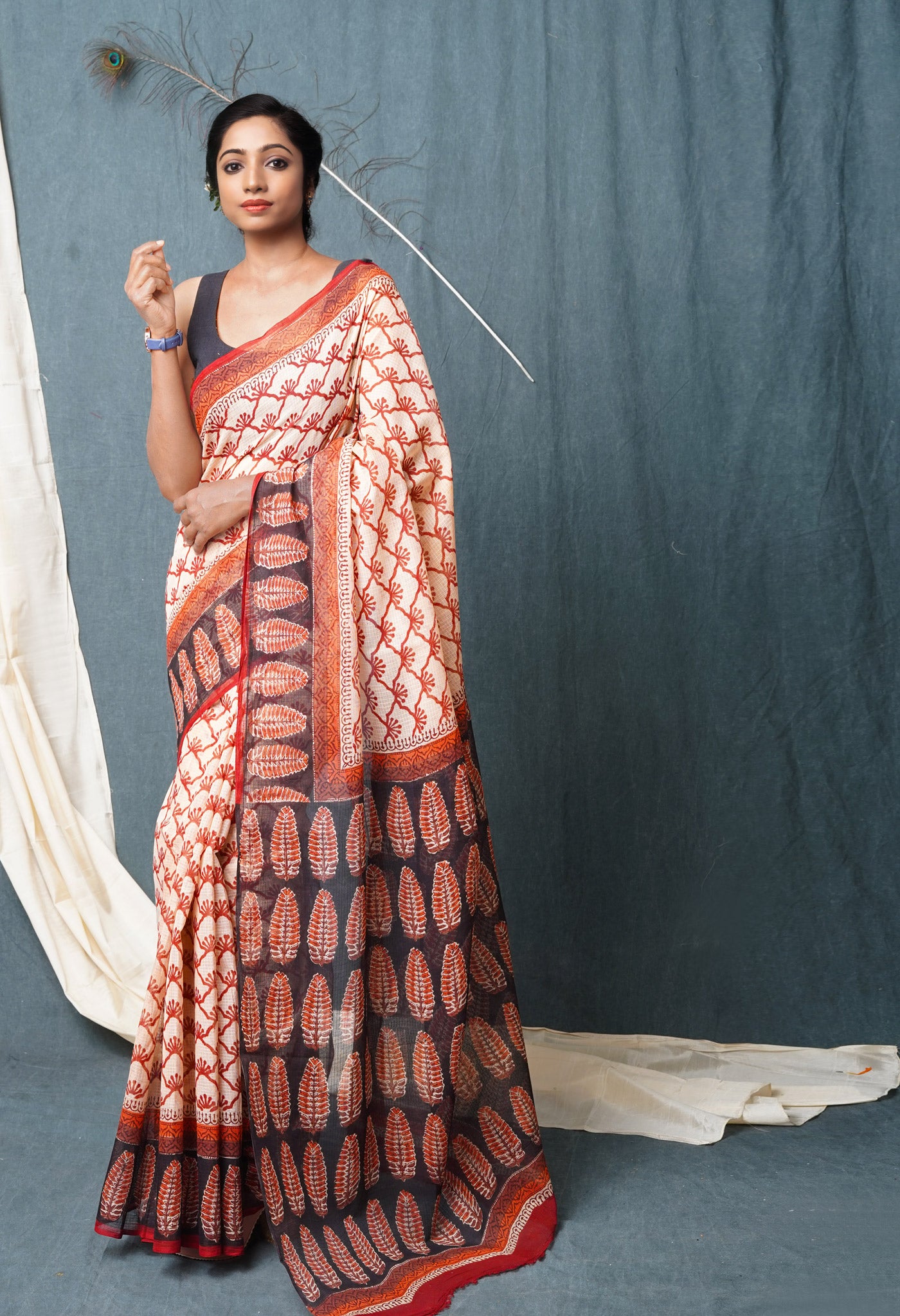 Cream Pure Traditional Bagru Printed Kota Saree