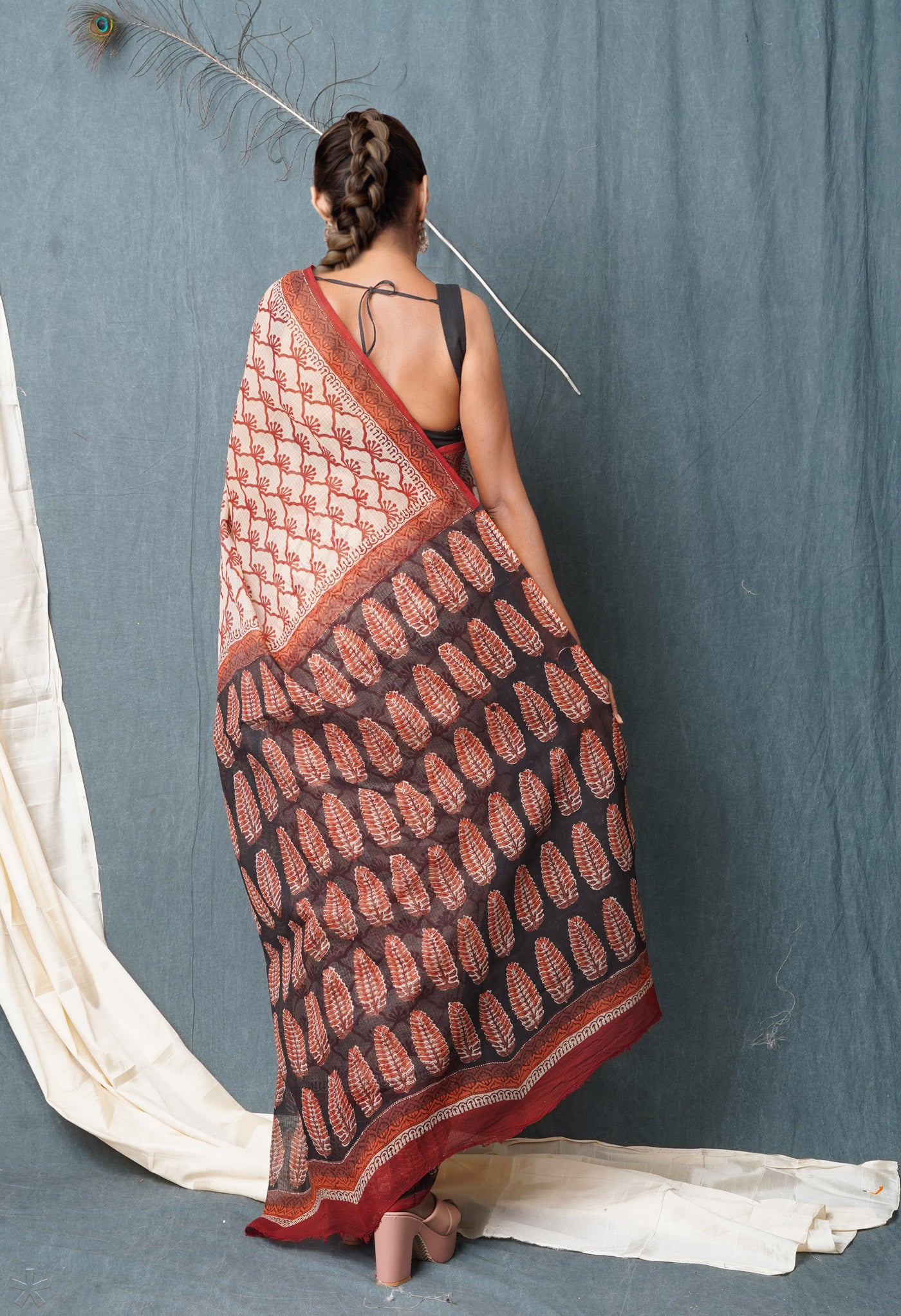 Cream Pure Traditional Bagru Printed Kota Saree