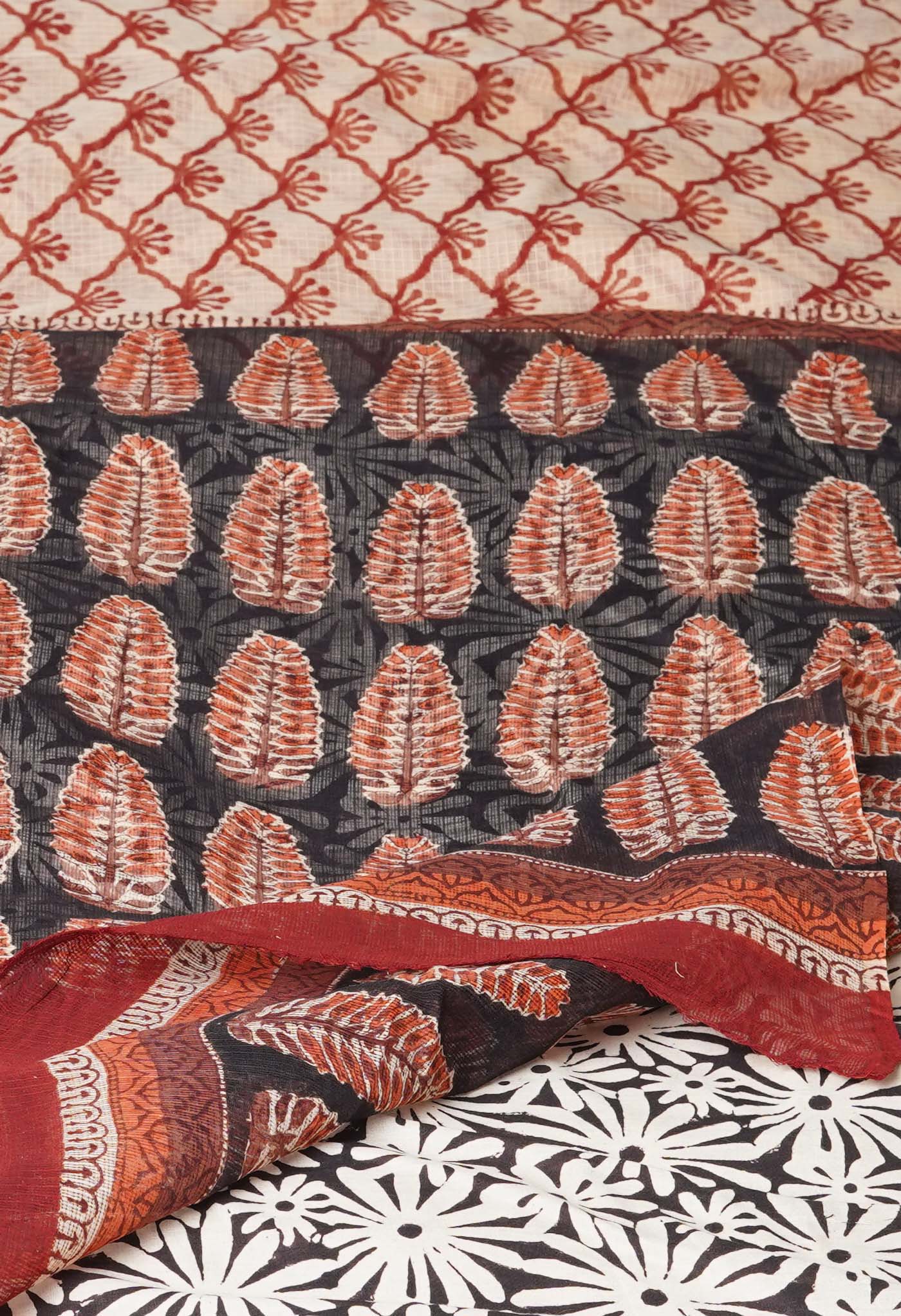 Cream Pure Traditional Bagru Printed Kota Saree