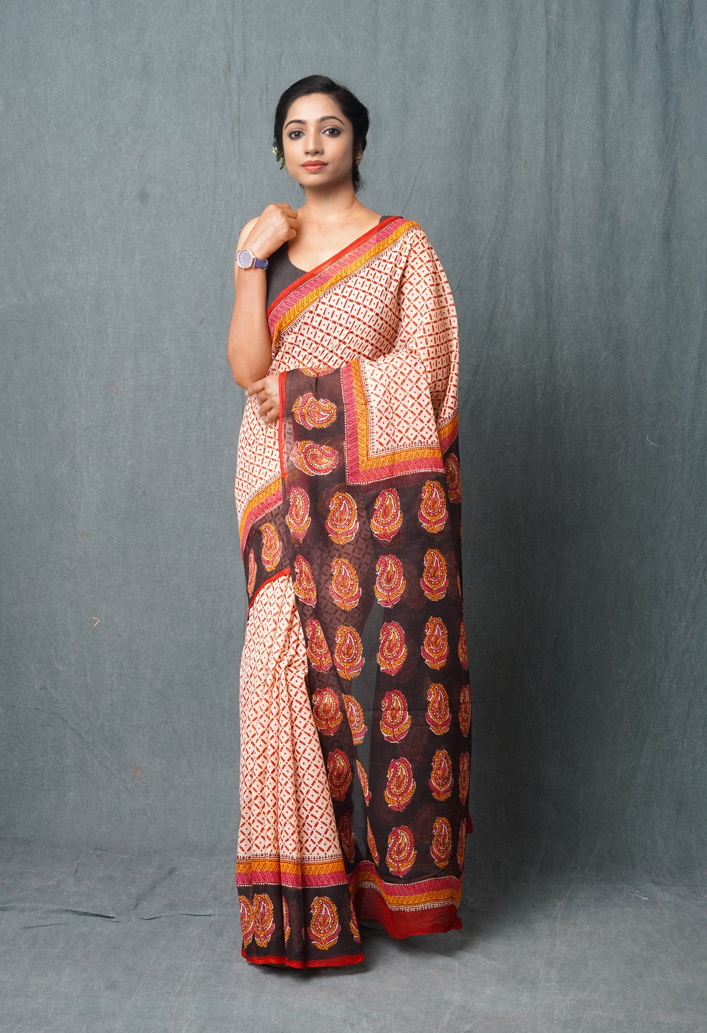 Cream Pure Traditional Bagru Printed Kota Saree