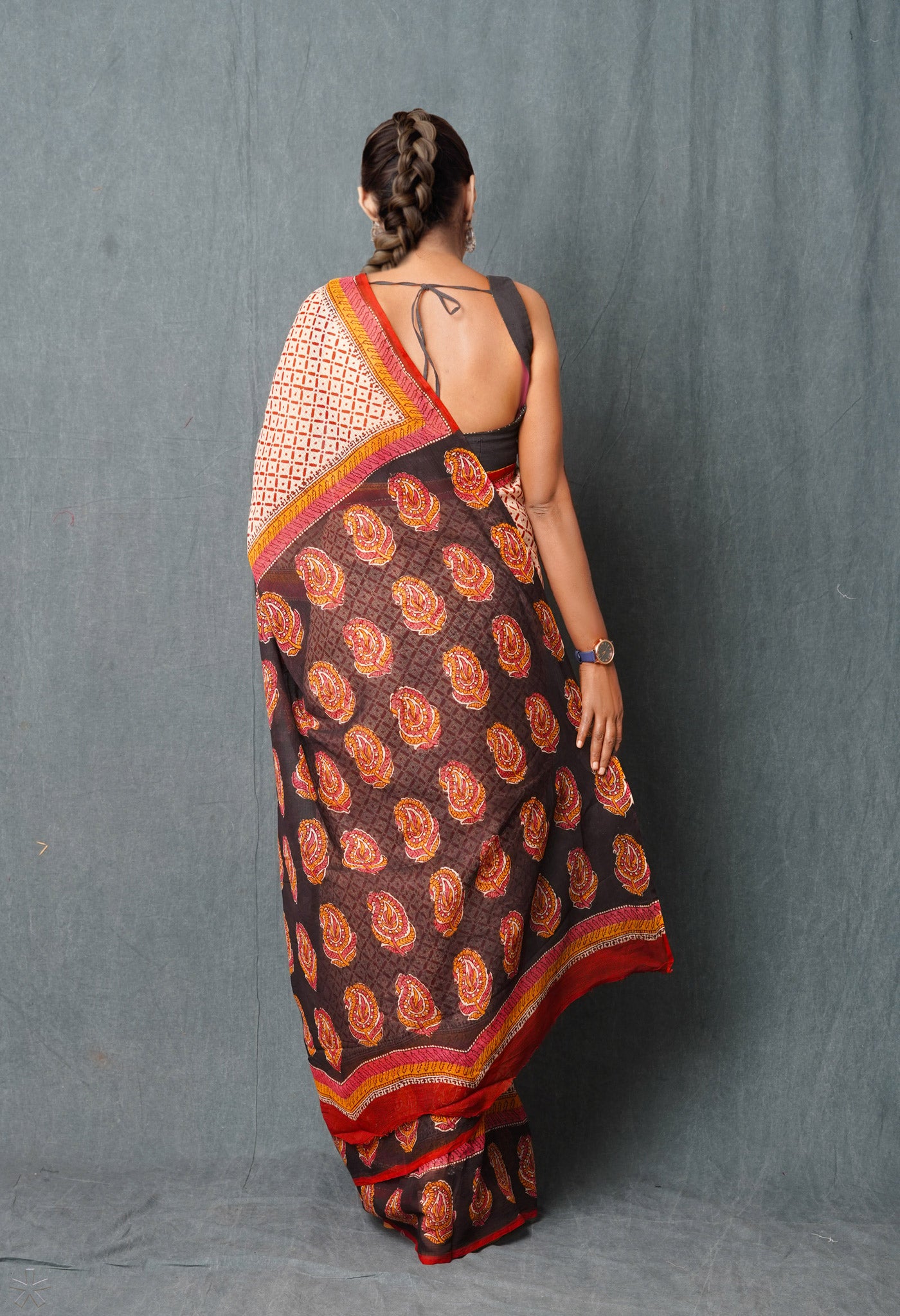 Cream Pure Traditional Bagru Printed Kota Saree