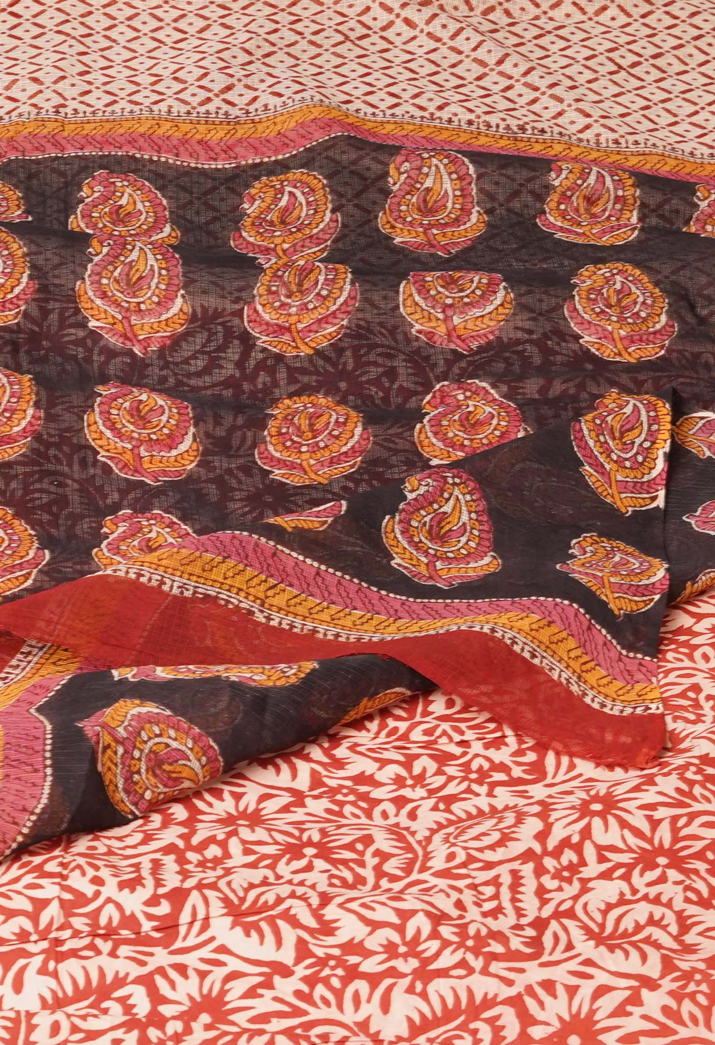 Cream Pure Traditional Bagru Printed Kota Saree